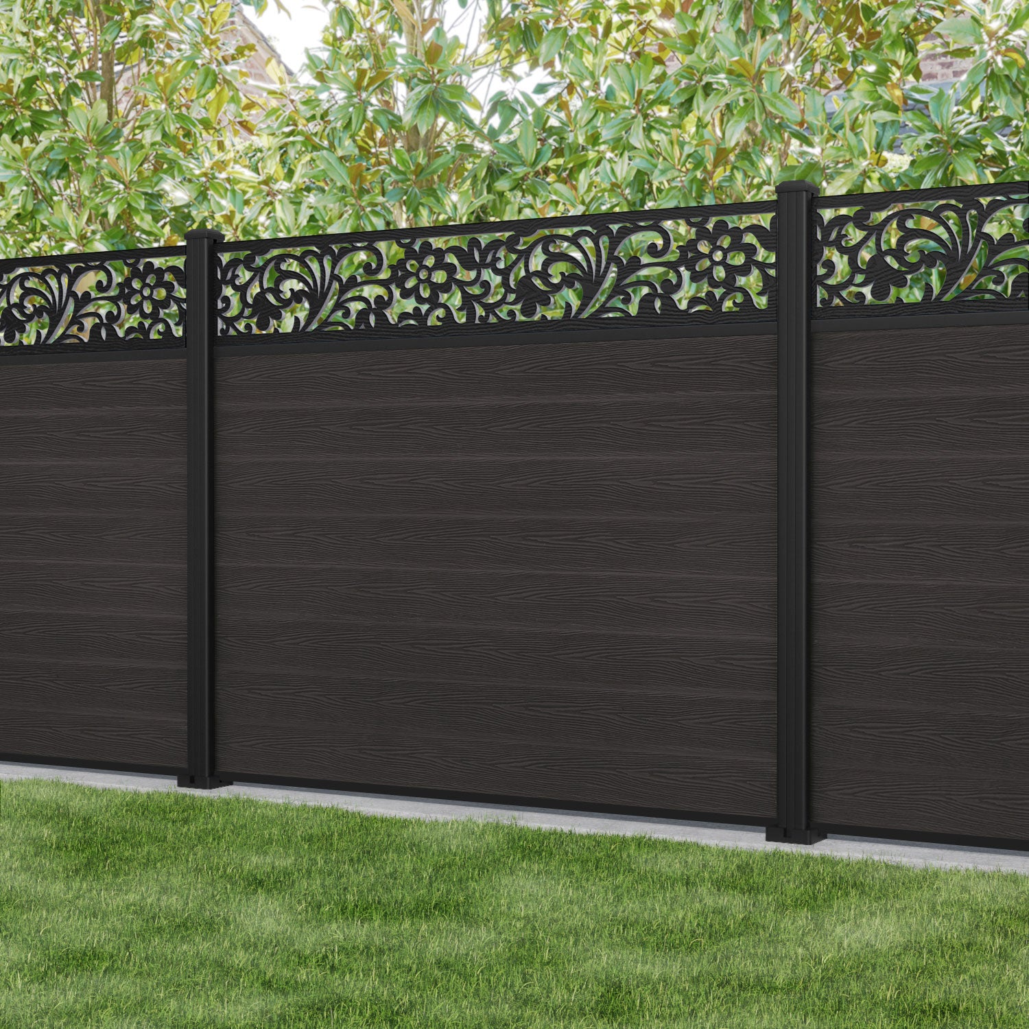 Classic Eden Fence Panel - Dark Oak Wood Privacy Screen with Aluminum Posts | Outdoor Garden Fence, Backyard Boundary, Patio & Pool Enclosure