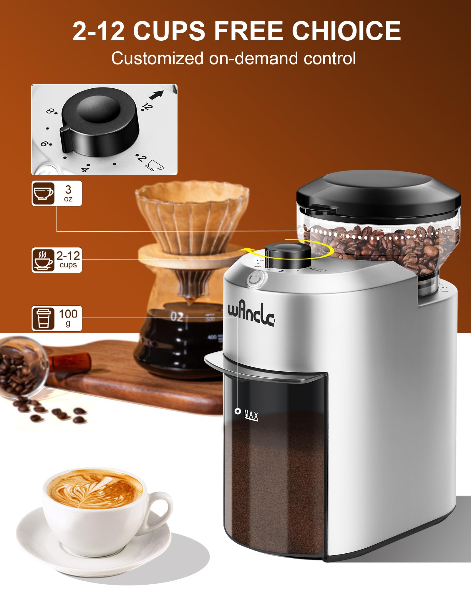 Wancle Electric Burr Coffee Grinder - Adjustable 28 Precise Grind Settings for 12 Cups - Professional Coffee Bean Grinder with Stainless Steel Blades (Plastic, Silver) - Perfect for Espresso, French Press, Cold Brew & Home Coffee Brewing