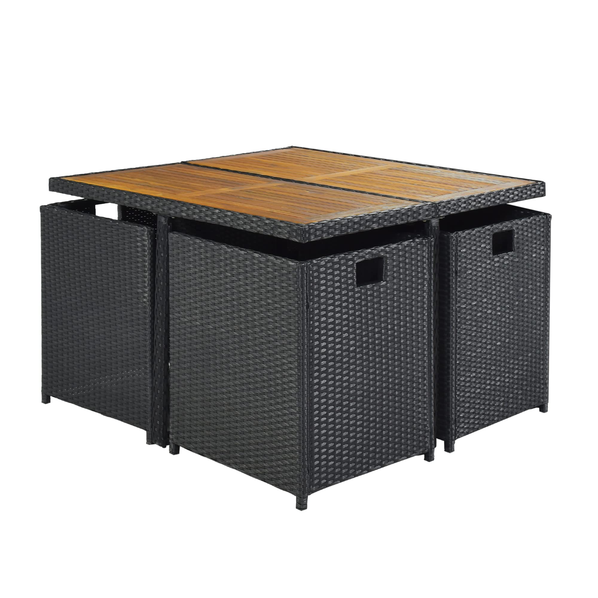 LZ LEISURE ZONE 9-Piece Outdoor Patio Dining Set - Black Wicker Rattan Table & Chairs with Brown Beige Cushions - Weather-Resistant Garden Furniture for Backyard, Poolside & Outdoor Entertaining