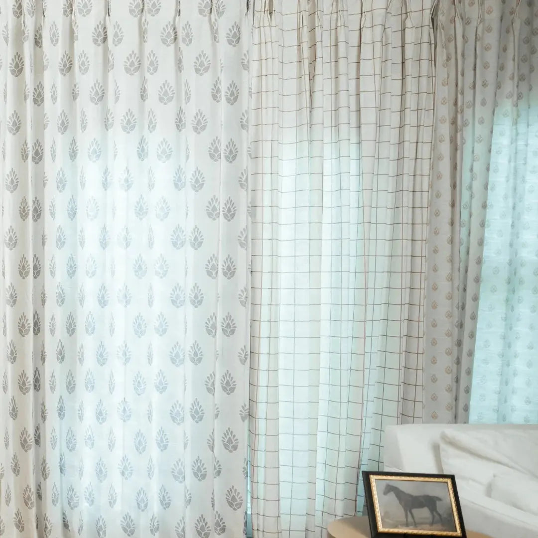 Stefana Silver Print Linen Blend Curtains - Elegant Pleated Drapes for Living Room & Bedroom Window Decor