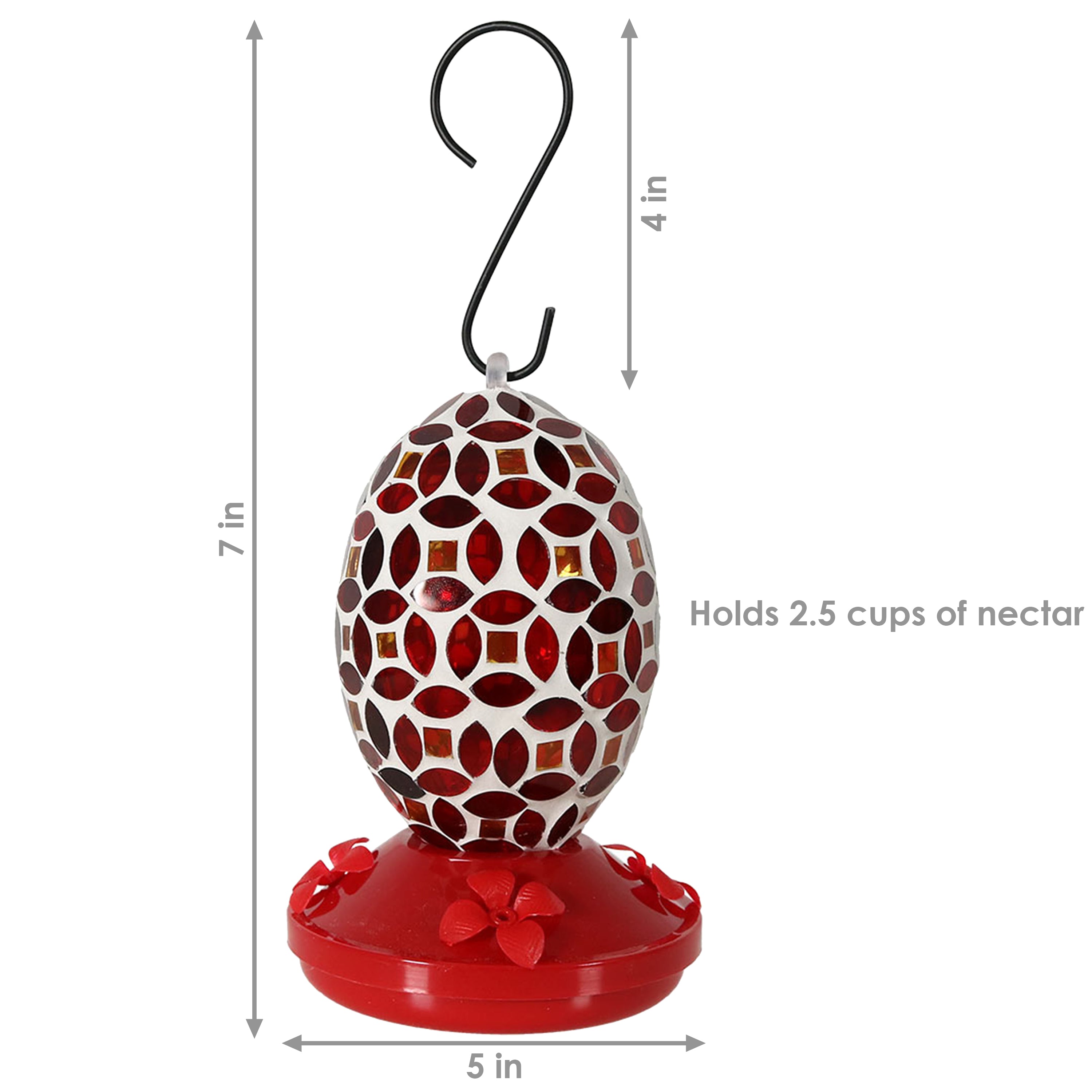 Sunnydaze Red Mosaic Glass Hummingbird Feeder - Handcrafted Outdoor Garden Decor for Attracting Birds - Perfect for Backyard, Patio, and Balcony Use