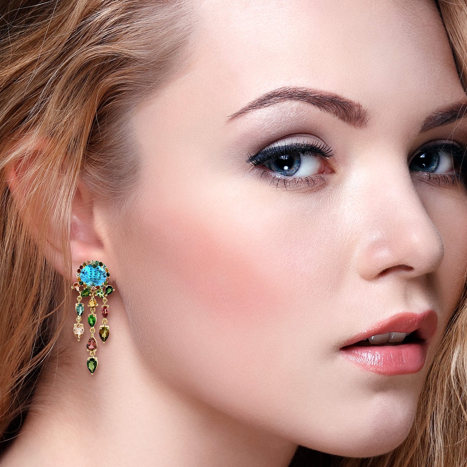 Blue Topaz and Multi Tourmaline Gemstone Chandelier Earrings in 14K Gold - Elegant Dangle Drop Earrings for Women, Perfect for Weddings, Parties & Special Occasions