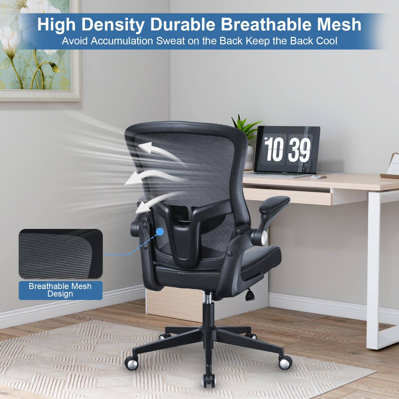 Ergonomic Office Chair with PU Leather Cushion - 350lbs Weight Capacity, Adjustable Seat Height & Lumbar Support, Flip-Up Arms - Perfect for Home Office, Gaming & Workspace Comfort
