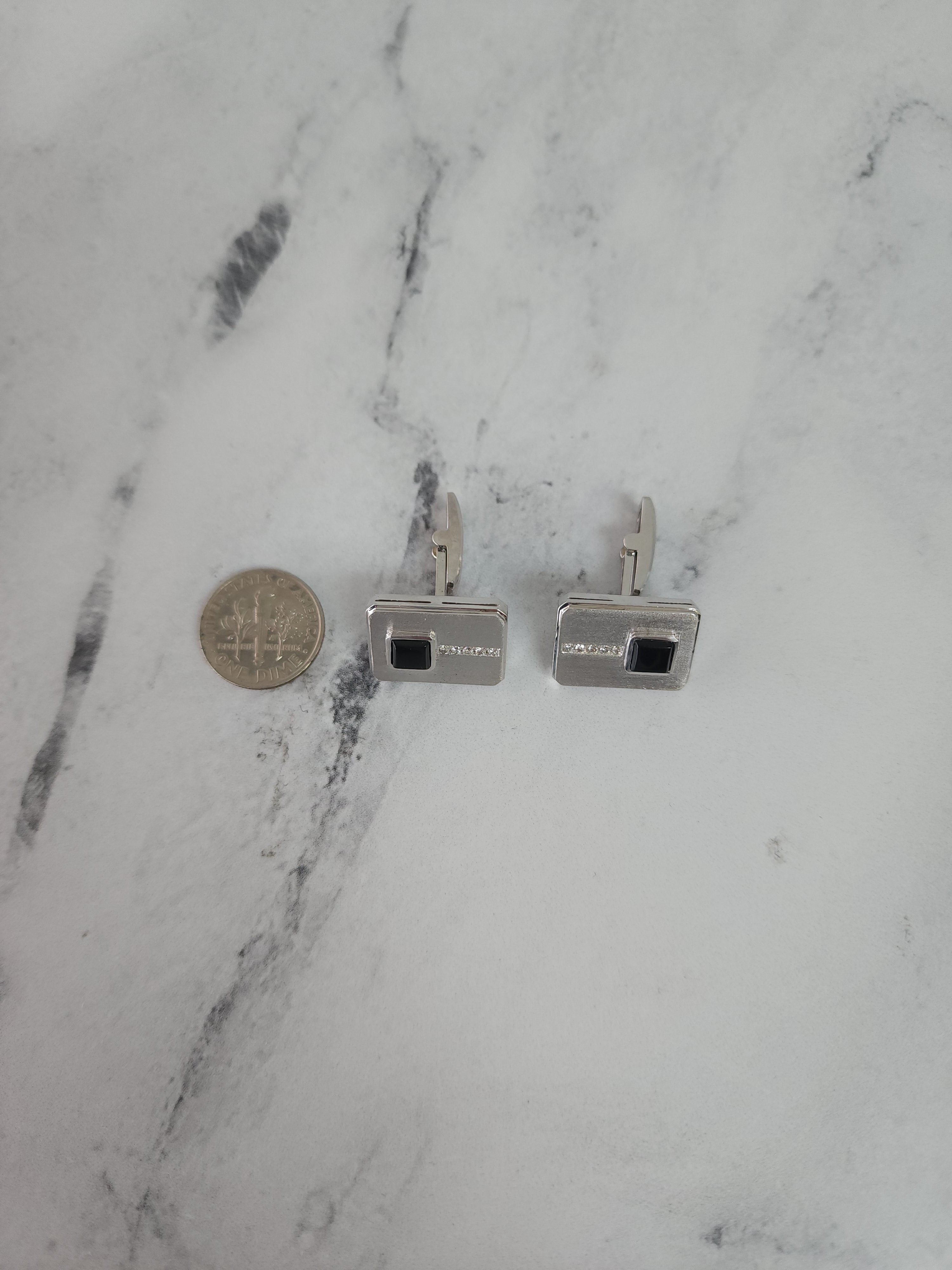 14K White Gold Rectangle Diamond & Onyx Cufflinks for Men - Elegant Formal Wear Accessories for Weddings, Business & Special Occasions