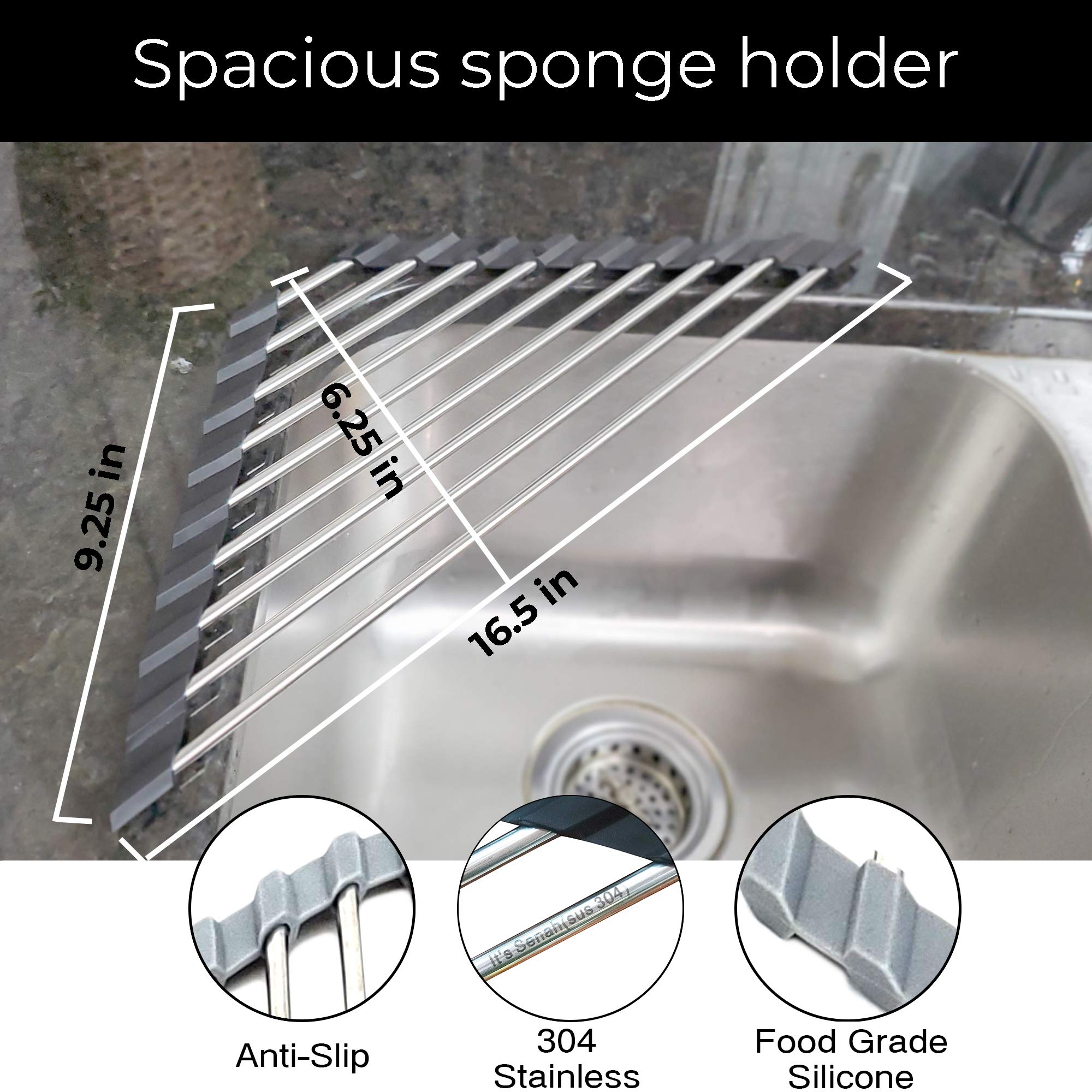 Stainless Steel Roll Up Sponge Holder for Kitchen Sink - 304 Steel Sponge, Brush & Scrubber Organizer - Space Saving Countertop Organizer for Bathroom, Laundry Room - Includes Soap Dispenser Holder & Dish Drying Rack (Black) - Perfect for Small Spaces & Clutter-Free Countertops