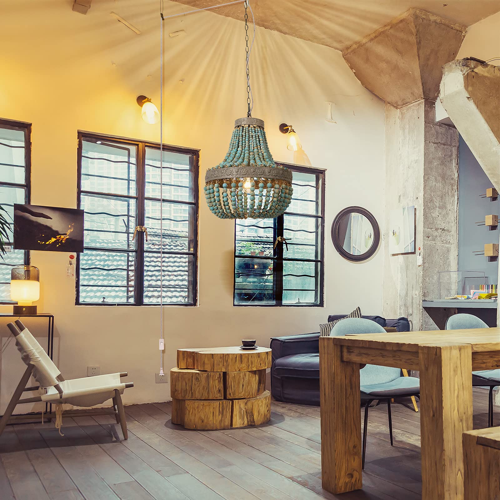 Bohemian Blue Wood Bead Chandelier Pendant Light - Handcrafted Wooden Bead Ceiling Lamp with Plug-in Cord for Bedroom, Island, Dining Room - Perfect for Coastal, Beach House & Boho Home Decor