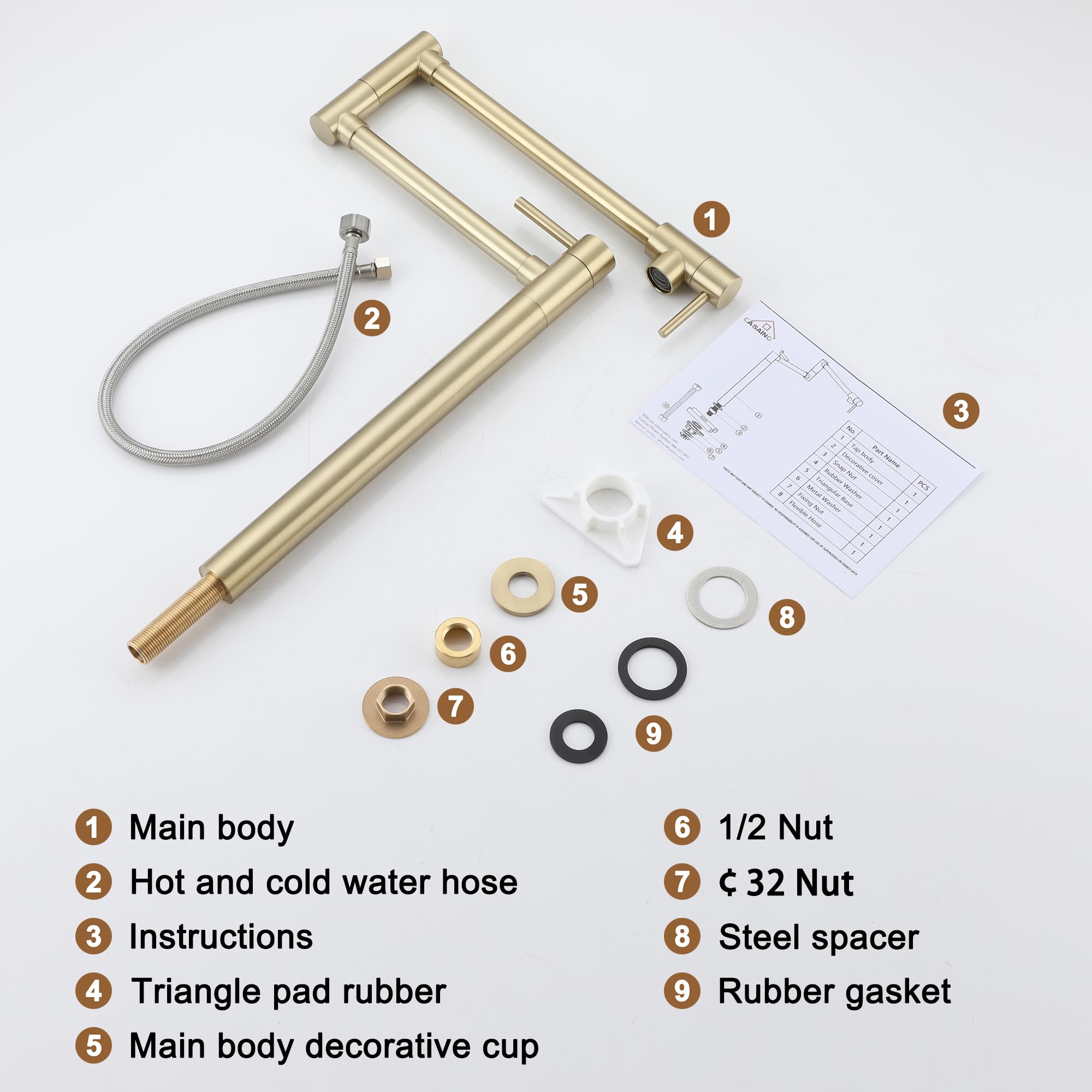 CASAINC Brushed Gold Pot Filler Deck Mount Kitchen Faucet - 2 Handle Folding Faucet with Adjustable Swing Arms for Stove - Perfect for Cooking, Filling Pots & Kitchen Tasks (Brass Construction)