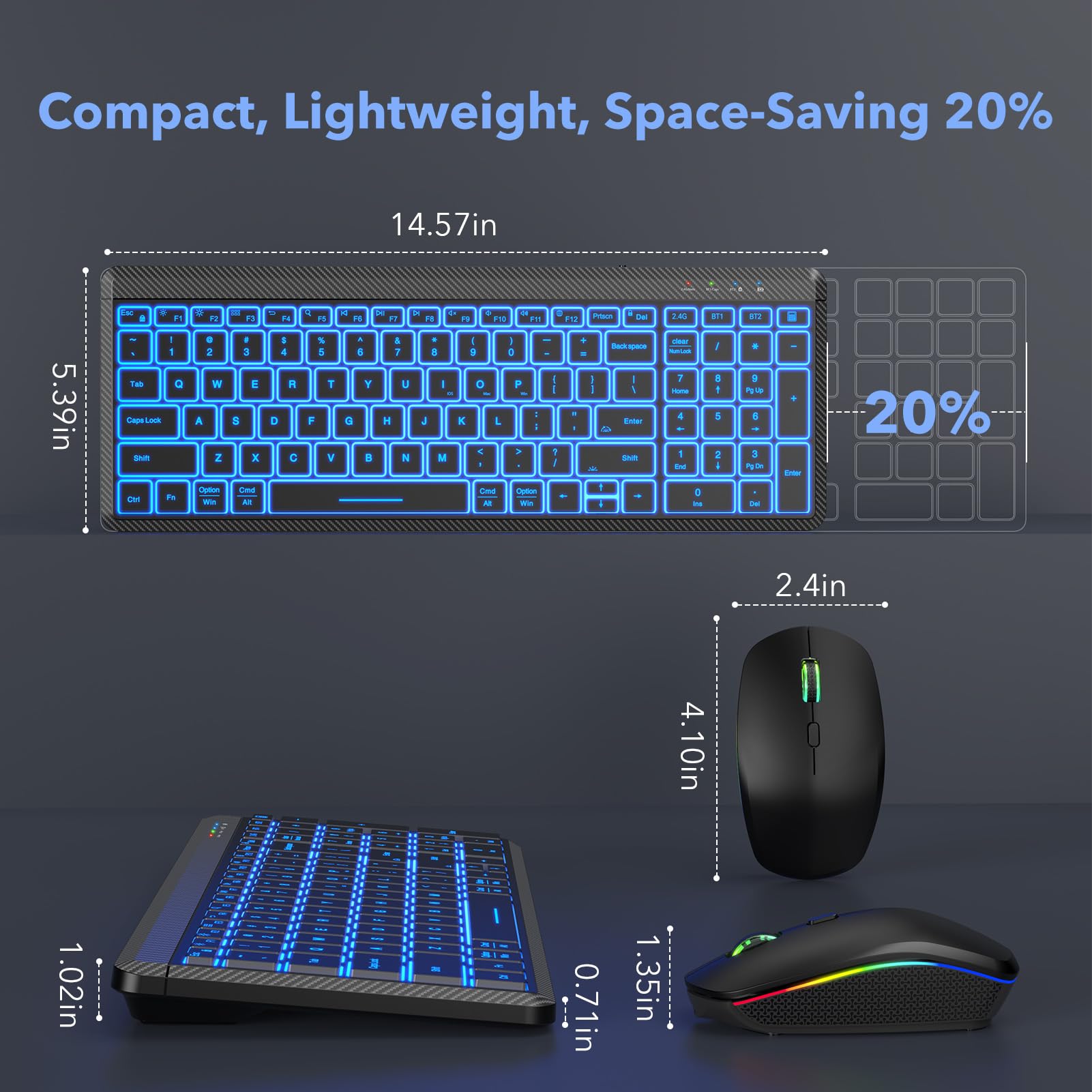 Bluetooth Wireless Keyboard and Mouse Combo - Slim Rechargeable Backlit Multi-Device Keyboard with Silent RGB Mouse for Mac, iPad, Windows PC | 3-Device Switching | Home Office & Gaming Setup (Classic Black)
