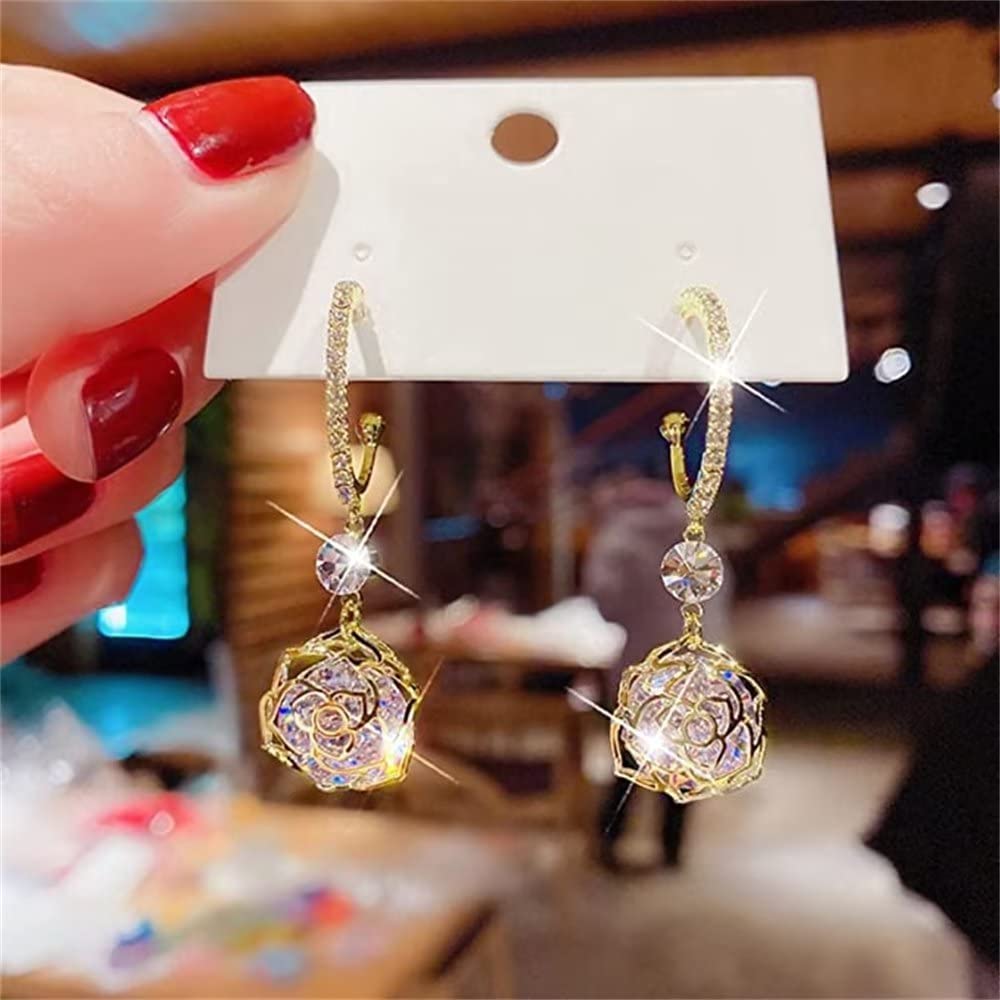 Elegant Hollow Rose Rhinestone Dangle Earrings for Women - Fashion Zircon Jewelry - Perfect for Parties, Weddings & Evening Events