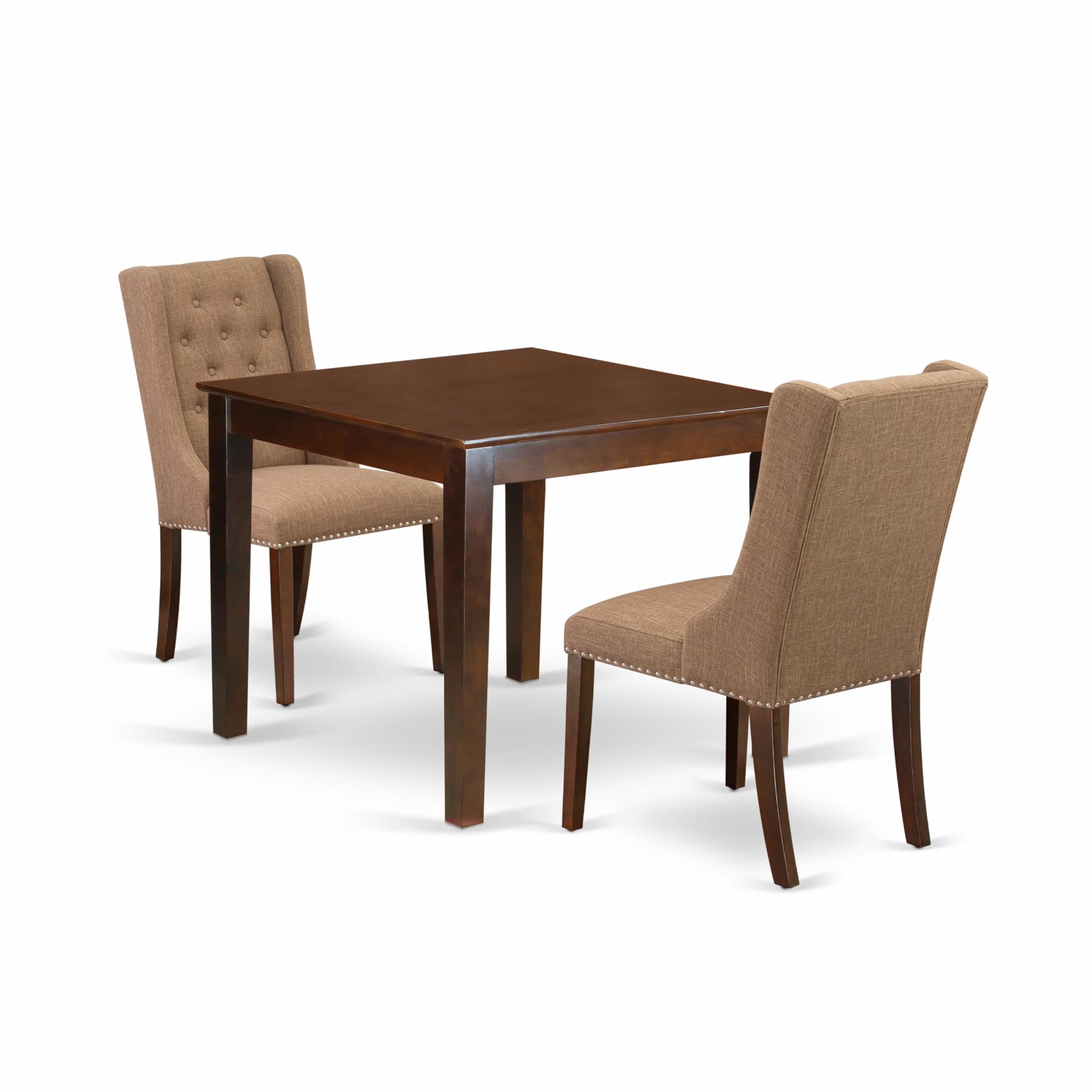 East West Furniture OXFO3-MAH-47 3-Piece Small Space Kitchen Table Set - 36x36 Inch Square Dining Table with 2 Light Sable Linen Fabric Parson Chairs, Mahogany - Perfect for Apartments, Breakfast Nooks & Cozy Dining Areas