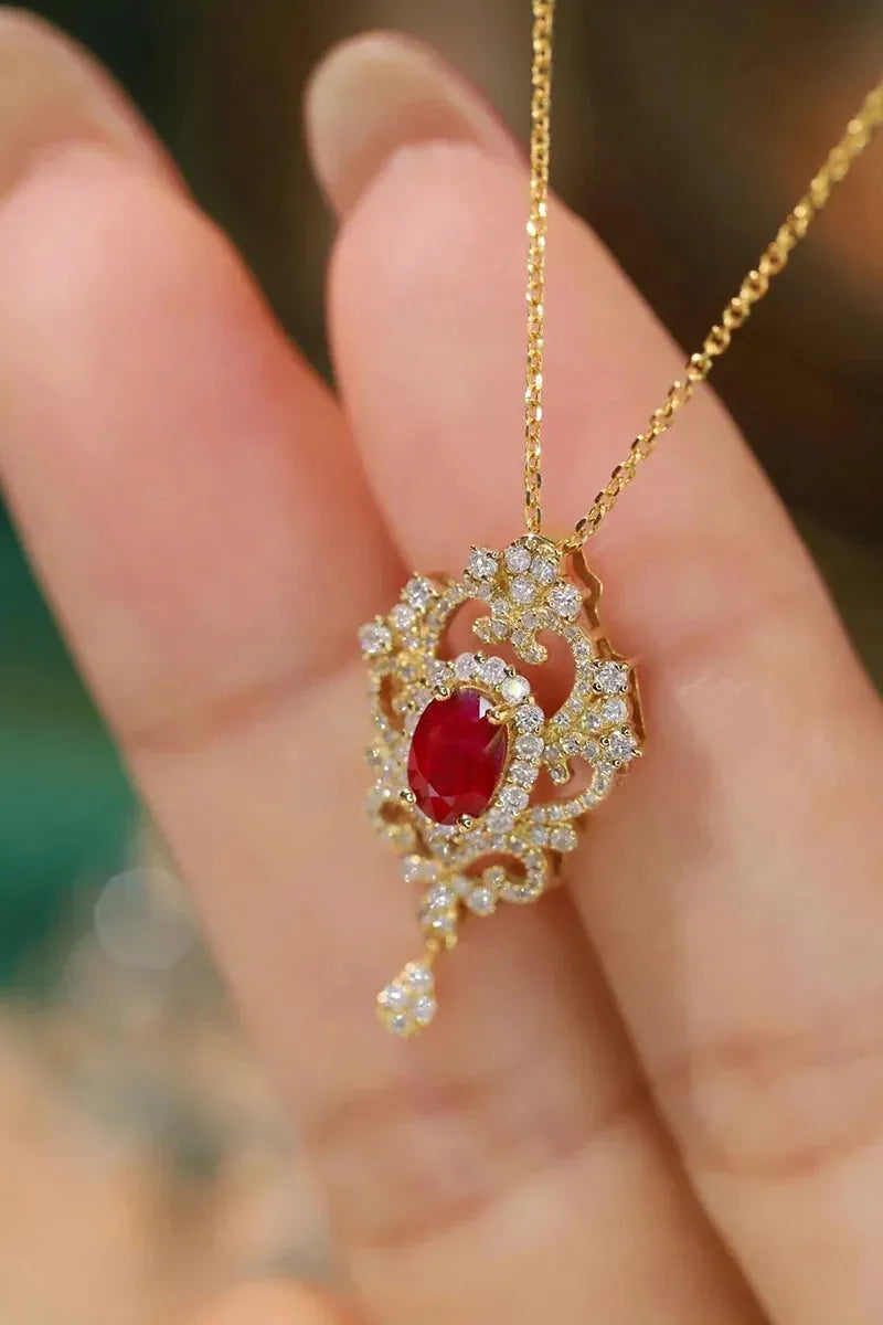 18K Yellow Gold Necklace with Real Natural Ruby & Diamond - Elegant Tassel Pendant for Women | Luxury Fine Jewelry Gift for Anniversary, Birthday & Special Occasions