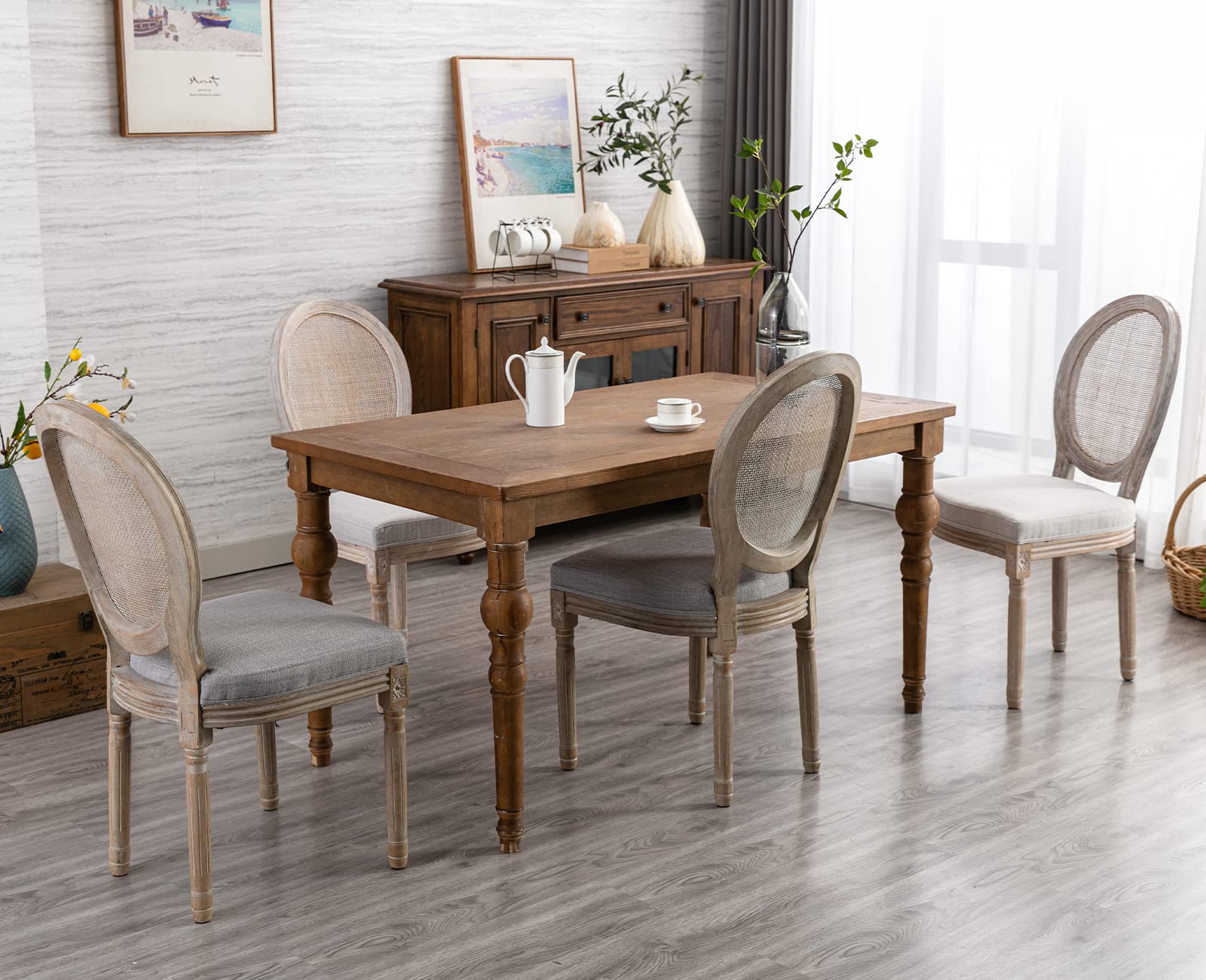 Kmax Farmhouse Dining Chairs Set of 2 - Distressed French Country Style Upholstered Chairs with Round Rattan Back, Tufted Kitchen Seating in Beige - Perfect for Dining Room, Breakfast Nook & Cozy Bedroom Sitting Area