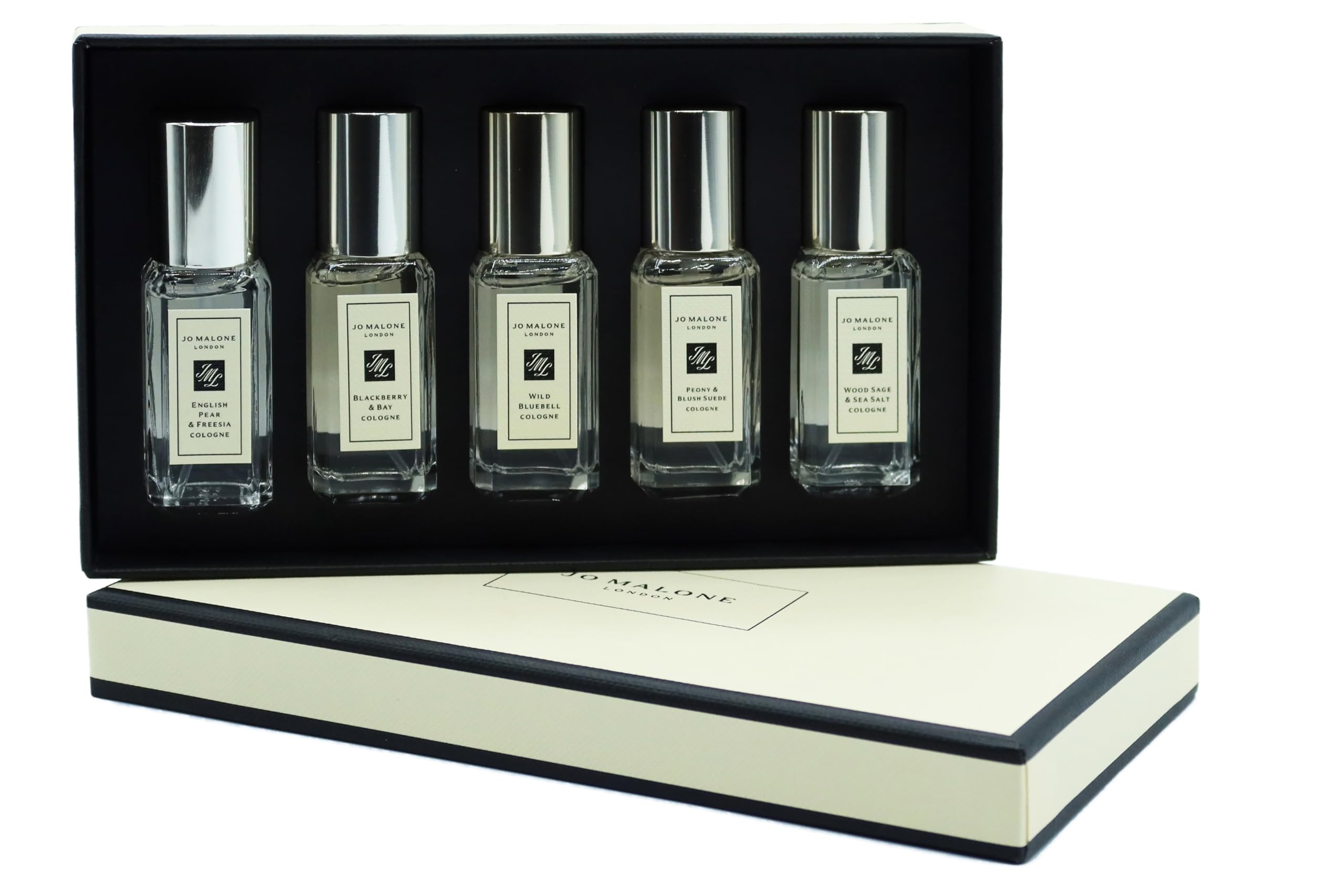 Jo Malone Perfume Variety Mini Gift Set for Men & Women - 5 Cologne Fragrance Travel Spray Collection (Wood Sage & Sea Salt, English Pear & Freesia) - Perfect for Travel, Gifts & Everyday Luxury