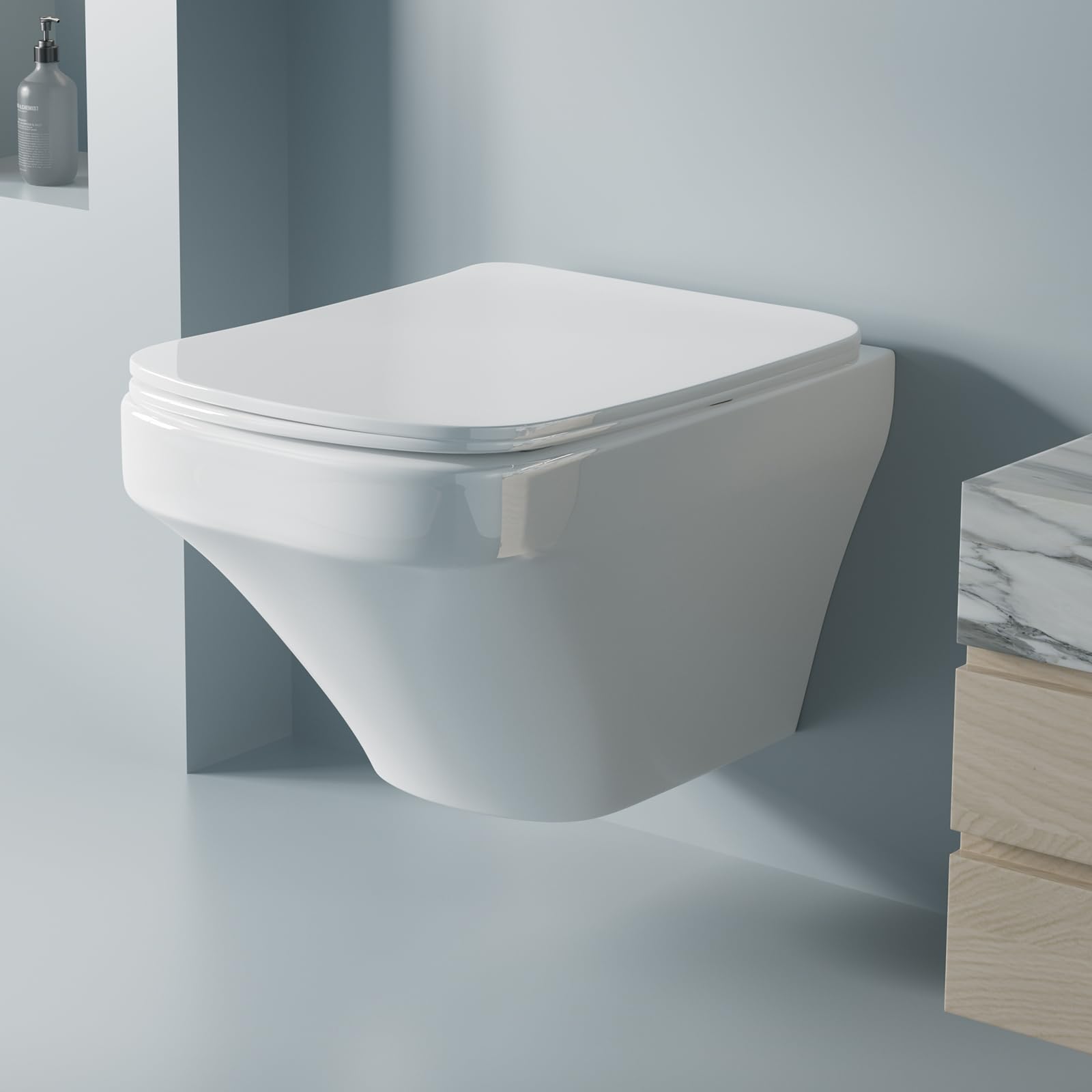Wall Mounted Toilet Bowl - Modern Square One Piece Wall Hung Toilet with Soft Closing Seat, Rear Outlet Design for Bathroom (Tank & Bracket Not Included) | Perfect for Small Bathrooms, Luxury Homes & Commercial Spaces