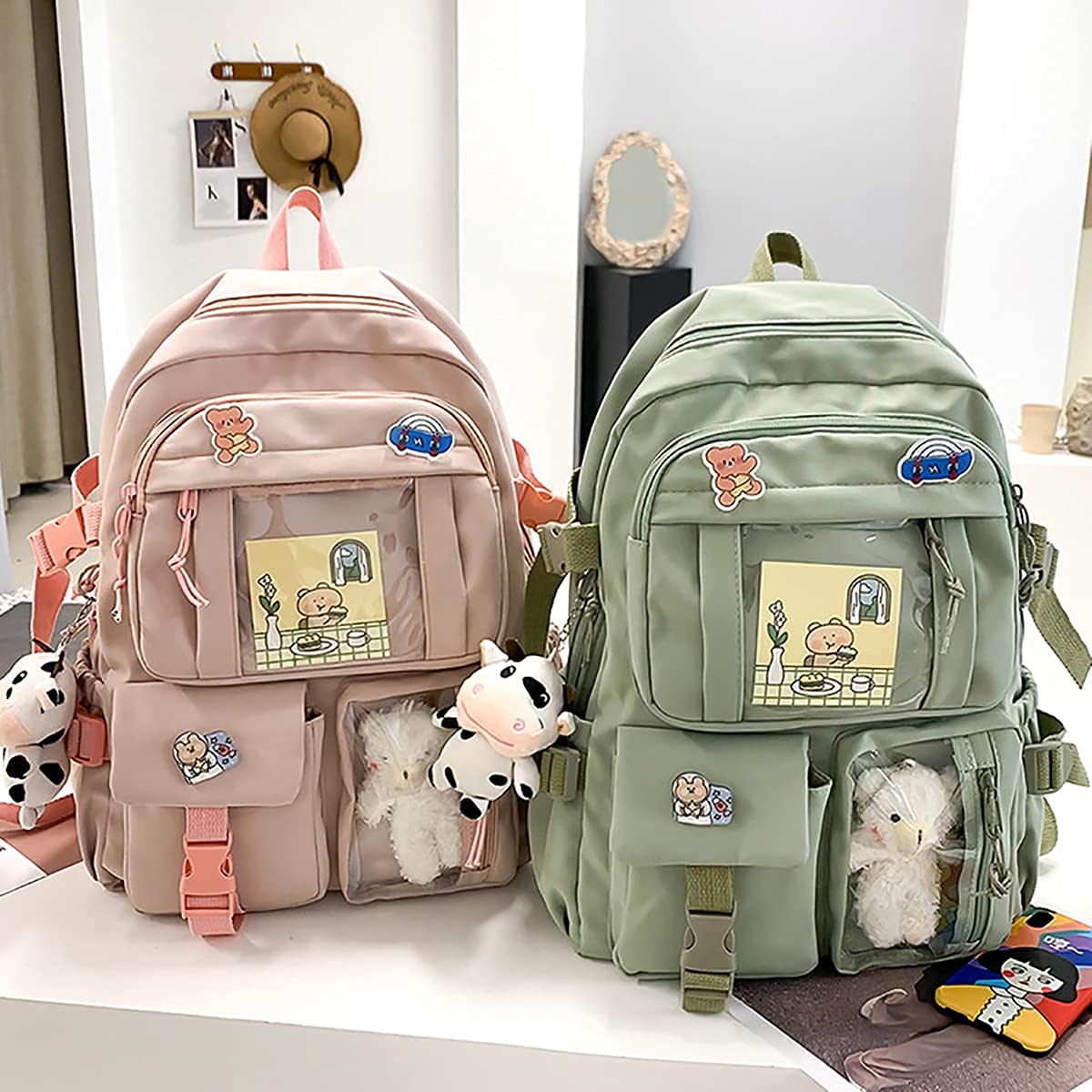 Cute Aesthetic Backpack for Women - Lightweight Travel Backpack with Kawaii Badge Pins & Keychain Pendant - Perfect for School, Work, Travel and Daily Use