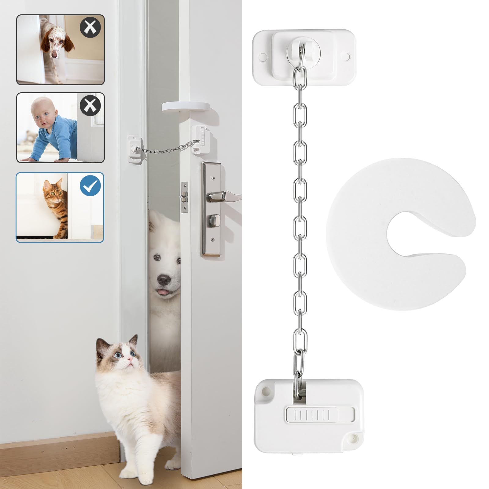 Adjustable Cat Door Latch & Soft Foam Door Stopper - Pet Proof Door Pinch Guard for Dogs & Kids - Keep Pets Away from Litter Box & Food Area - No Need for Cat Door or Gate (2 Pack) - Perfect for Homes with Pets & Toddlers