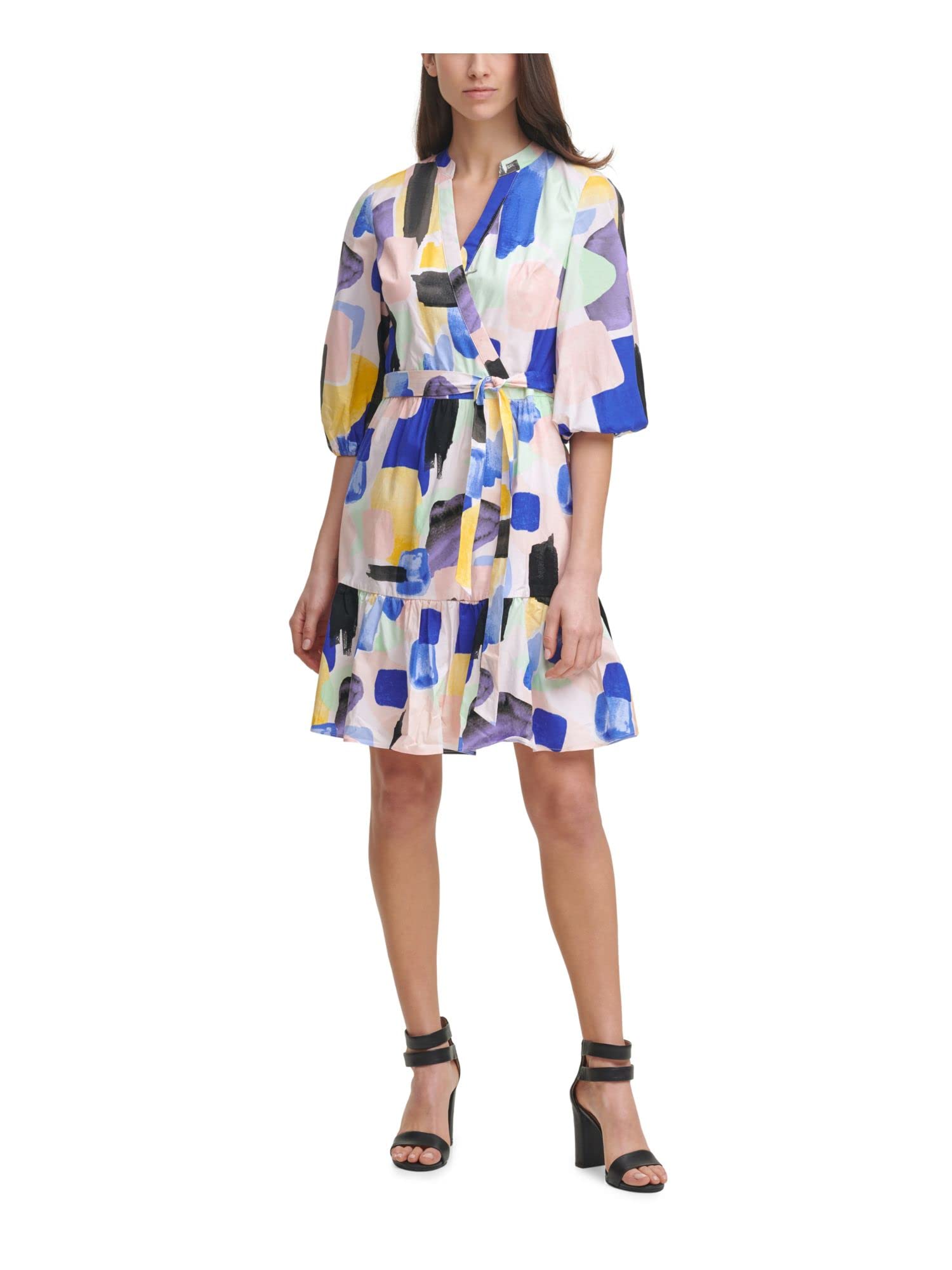 DKNY Women's Pink Zippered Tie Print Surplice Neckline Knee-Length Work Dress - Flattering Fit & Flare Style for Office, Cocktail Parties & Special Occasions