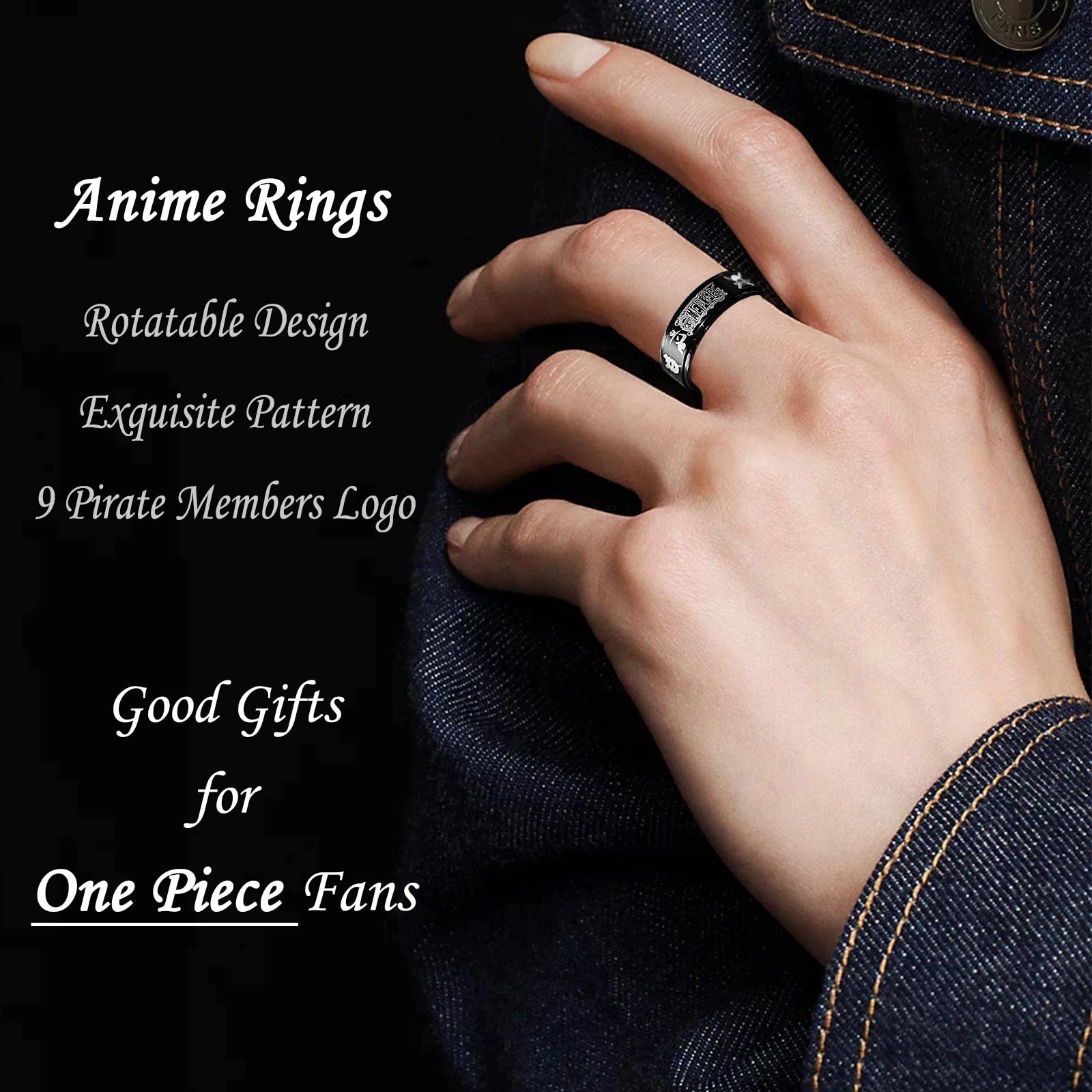 One Piece Anime Luffy Fidget Spinner Ring for Men - 8MM Stainless Steel Anxiety Relief Jewelry - Perfect for Cosplay, Gift Giving, and Stress Relief