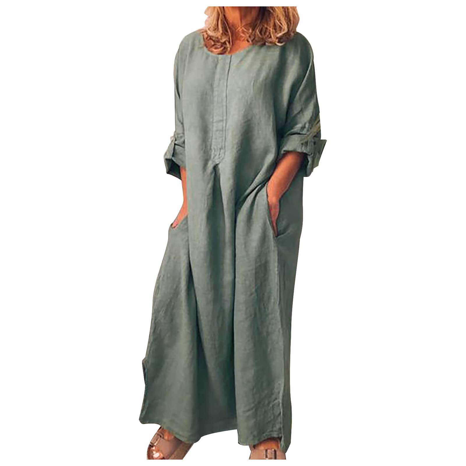 Women's Cotton Linen Pocket Dress - Loose Kaftan Maxi Dress with Long Sleeves | Summer Casual Sundress for Beach, Vacation & Everyday Wear