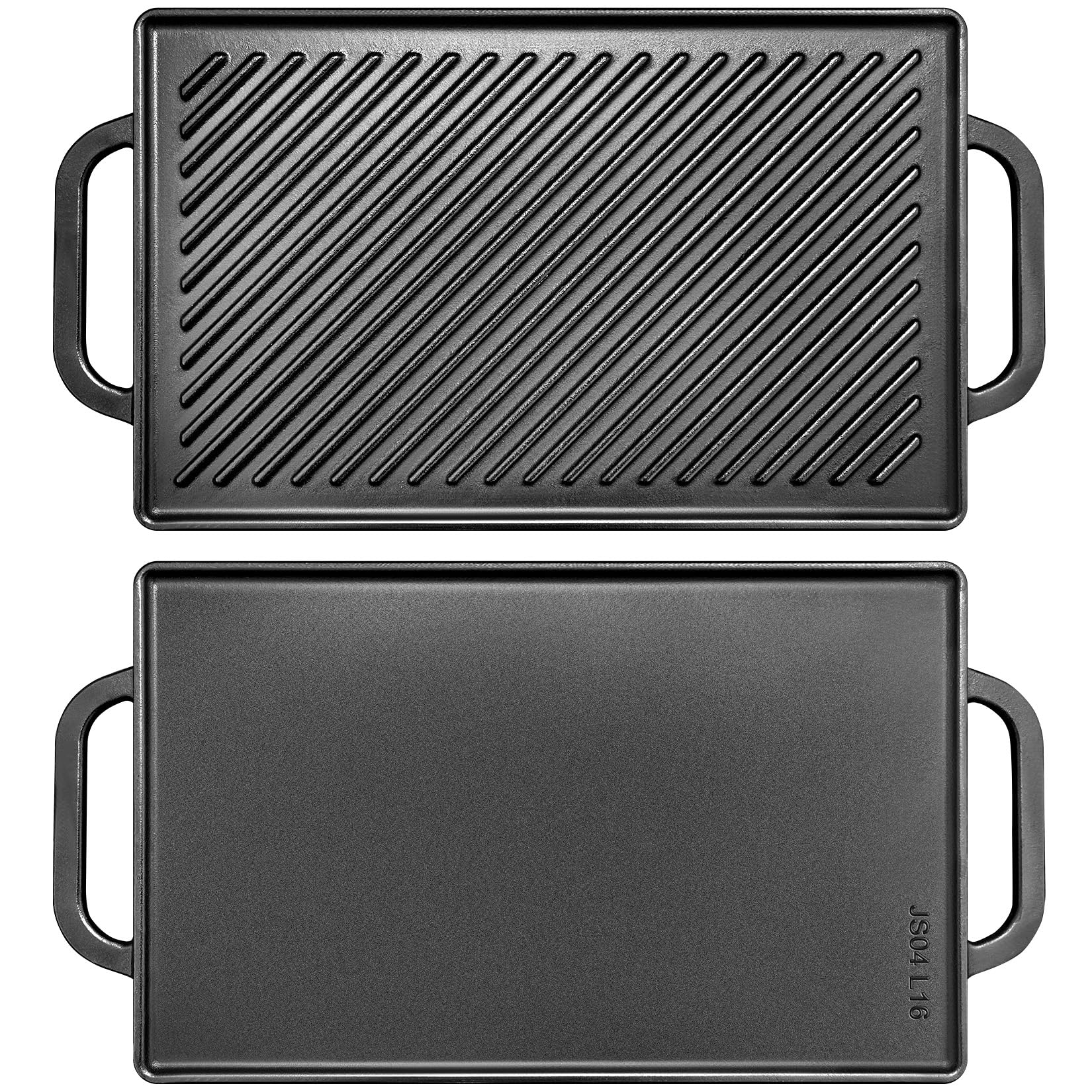 GGC Cast Iron Reversible Grill Griddle - Double Sided Grill Pan for Gas Grills, Stove Tops & Outdoor Cooking - 13 x 8.25 Inch Rectangular Baking Flat & Ribbed Griddle Plate - Perfect for BBQ, Camping, Pancakes & Steak Cooking