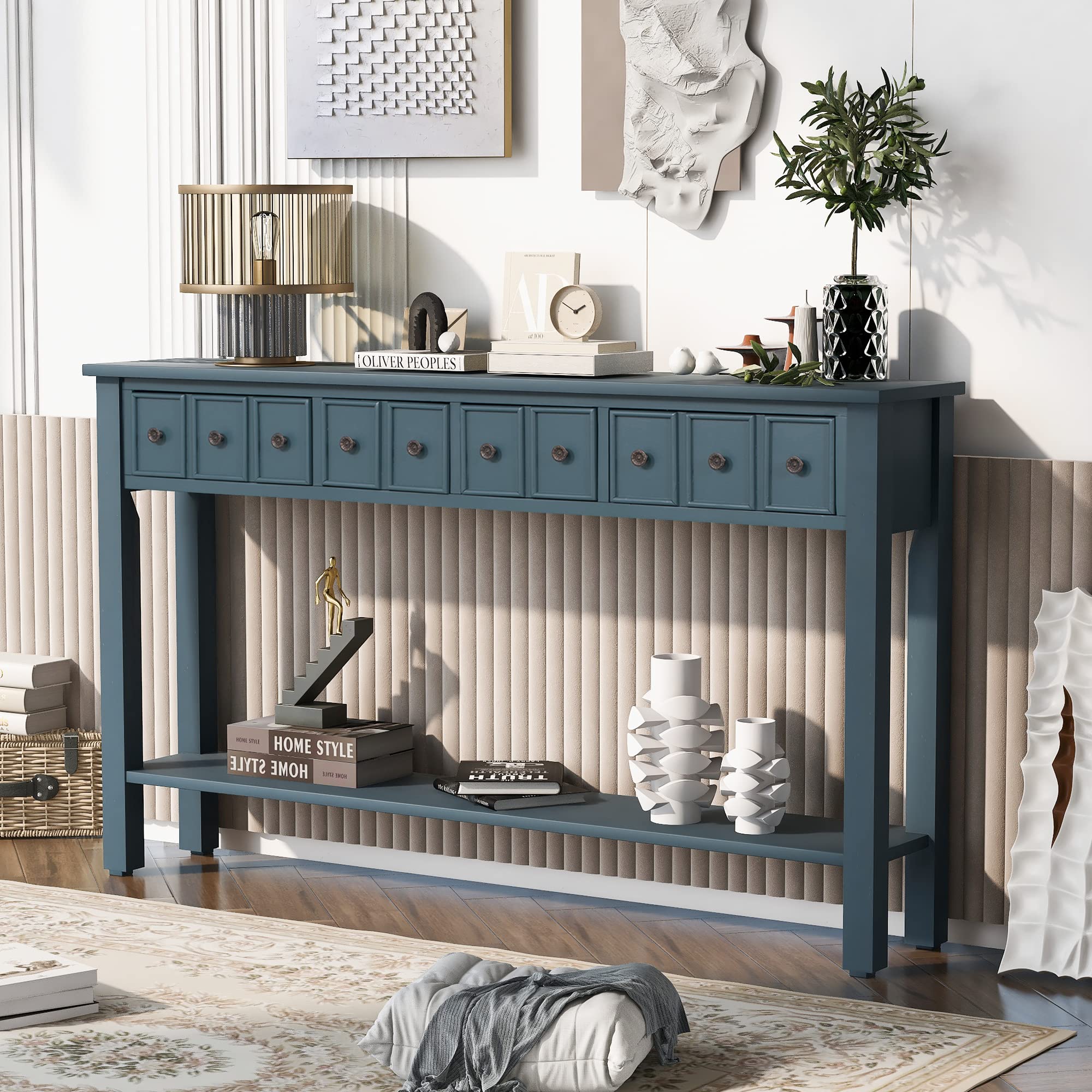 P PURLOVE 60 Inch Modern Console Table with 4 Drawers & Bottom Shelf - Entryway Sofa Table for Living Room, Bedroom, Hallway - Perfect for Home Decor & Storage Solutions