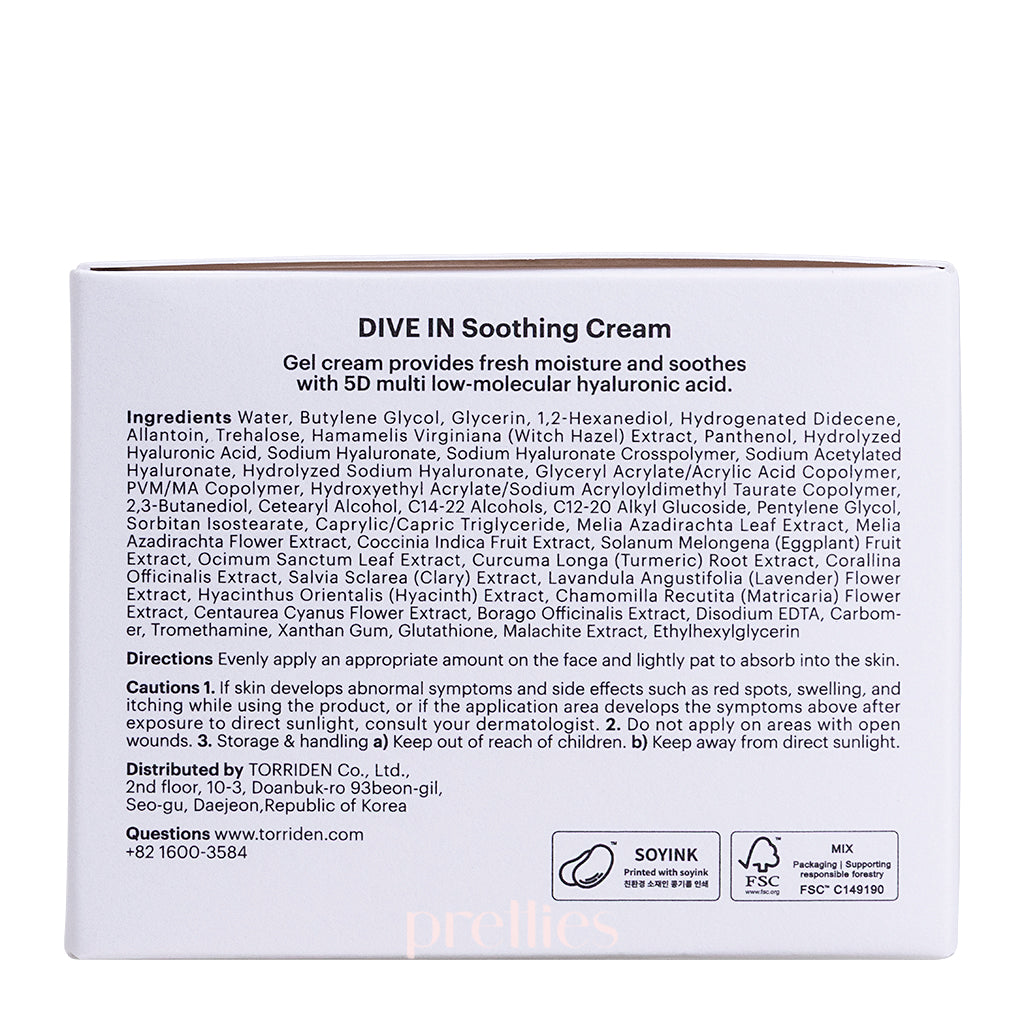Torriden Dive-In Low Molecular Hyaluronic Acid Soothing Face Cream 100ml - Hydrating Moisturizer for Dry & Sensitive Skin - Perfect for Daily Skincare Routine & Post-Treatment Care