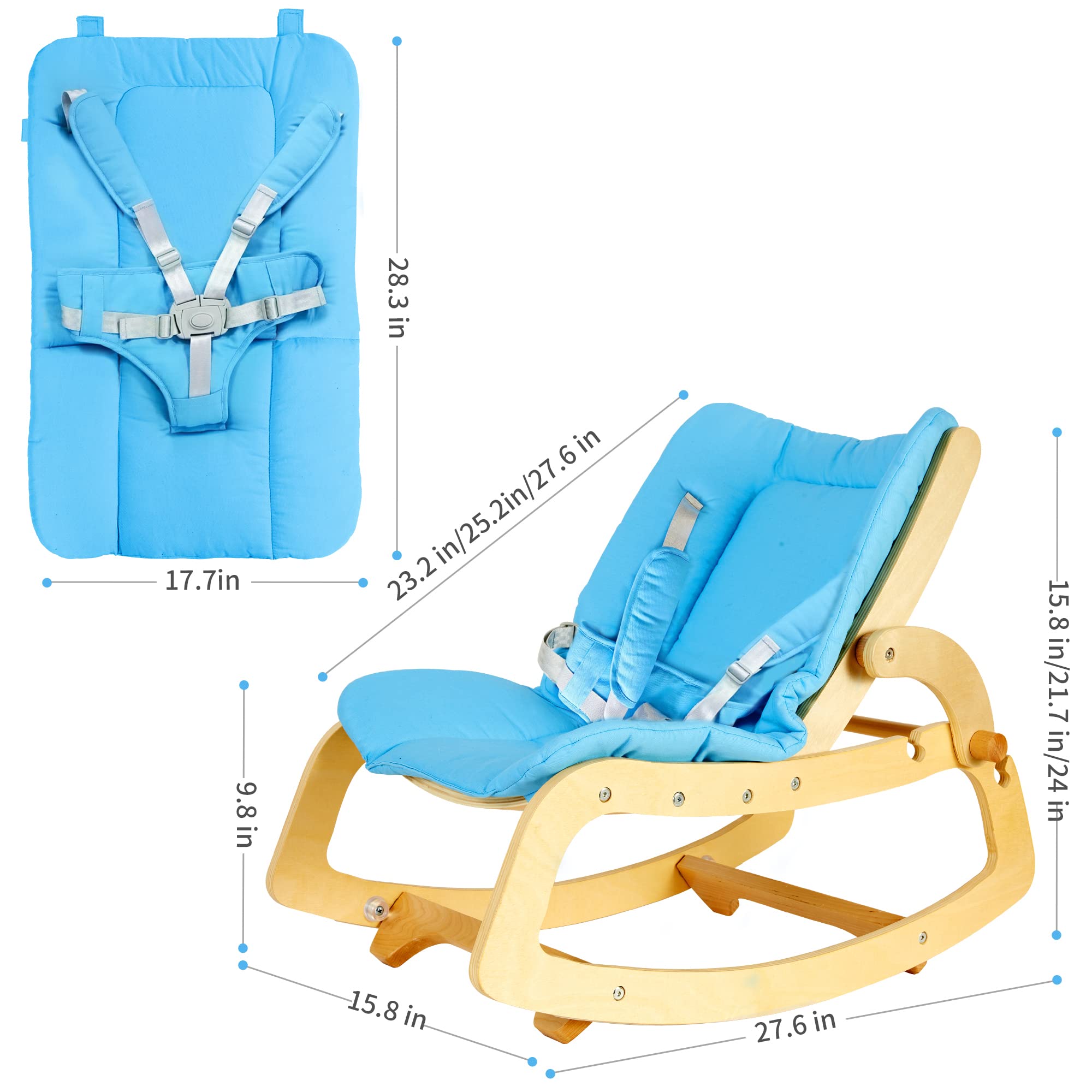 MallBest 3-in-1 Adjustable Baby Bouncer Rocker Chair - Convertible Wooden Infant to Toddler Recliner with Removable Cushion & Safety Belt (Blue) | Perfect for Nursery, Playroom & Travel | Gentle Rocking Motion for Soothing & Playtime