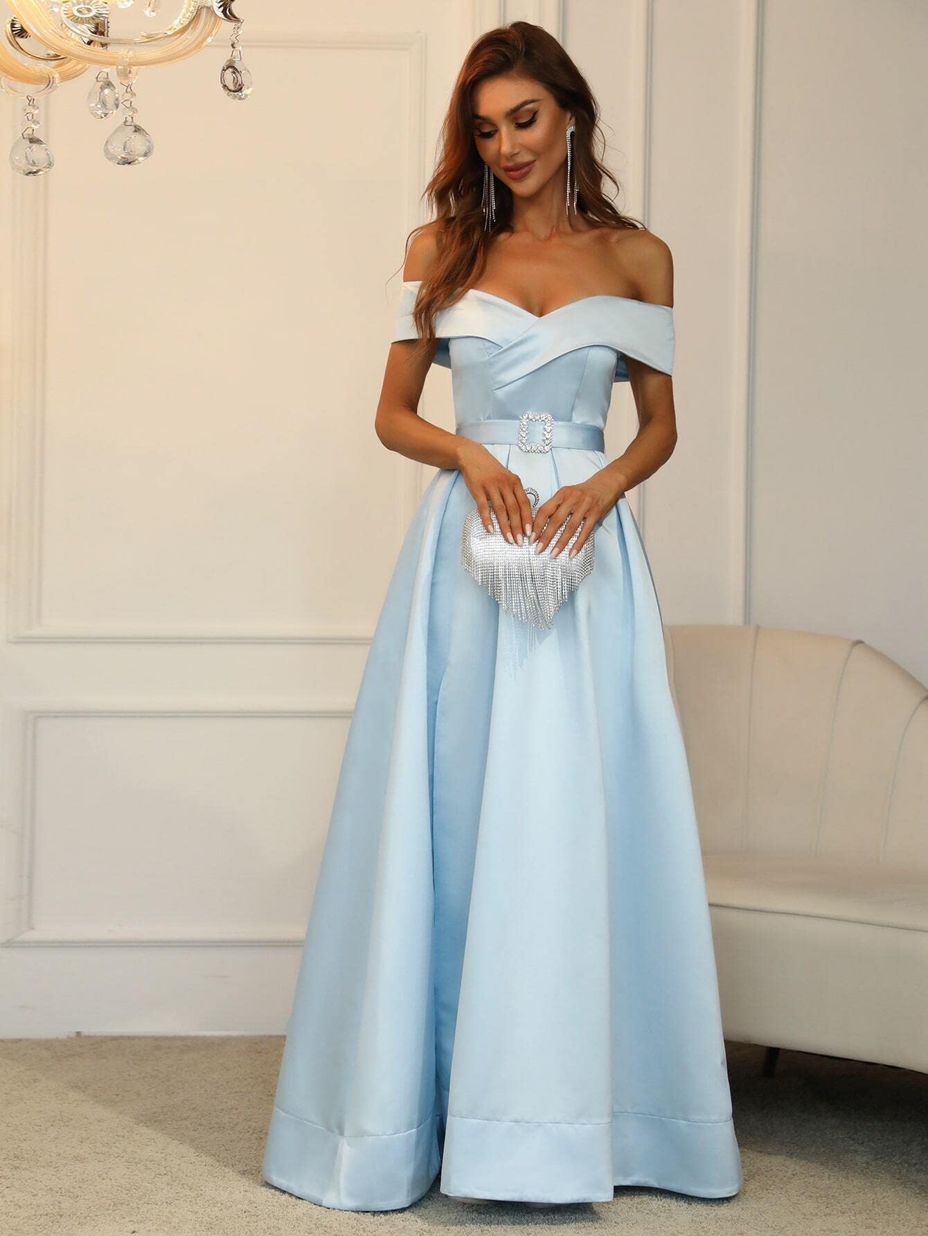 Elegant Off Shoulder Boxy Pleated Split Thigh Prom Dress for Women - Perfect for Evening Parties, Prom Night & Special Occasions