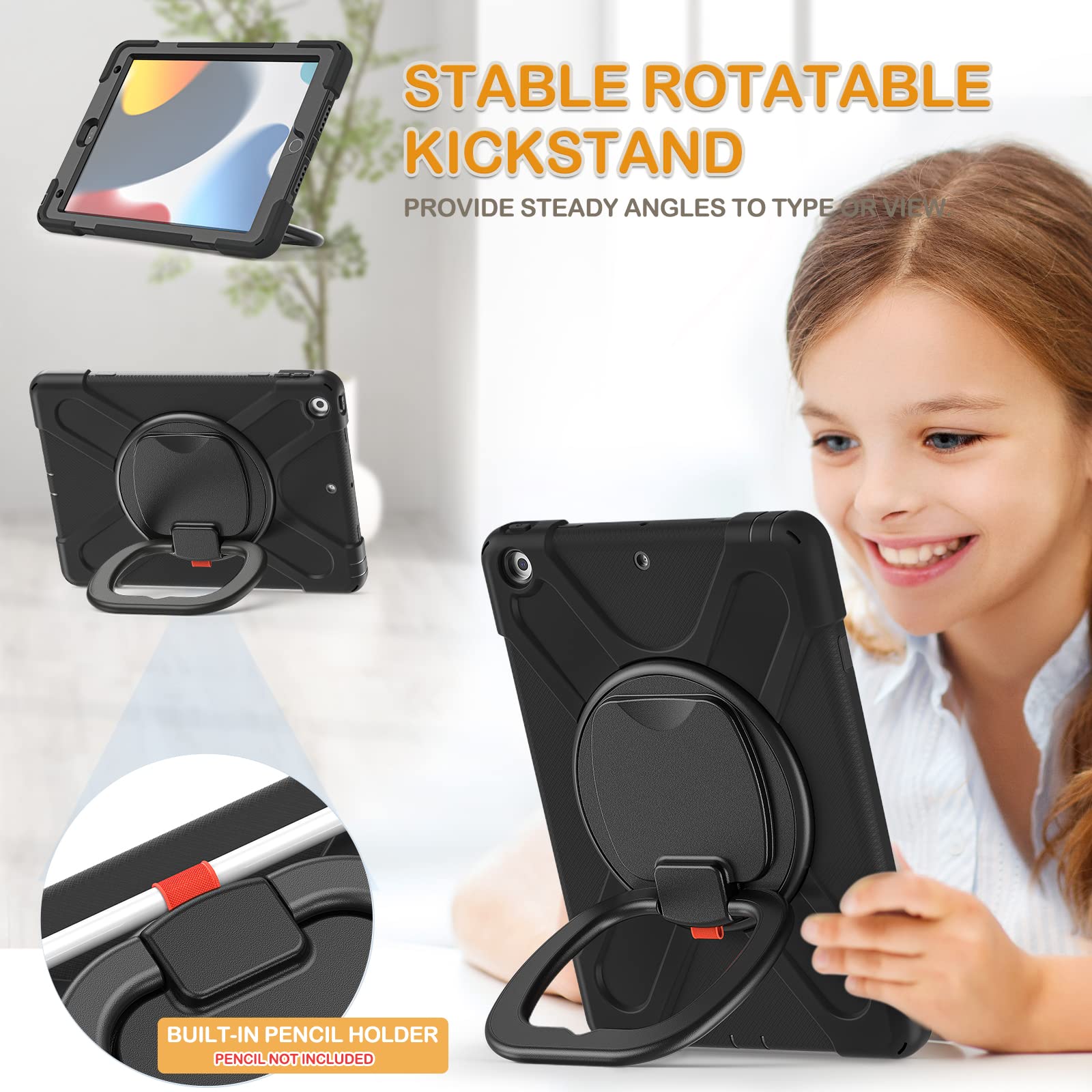 BRAECN Shockproof Hybrid Case for iPad 9th/8th/7th Generation 10.2 Inch - Rugged Silicone Cover with Kickstand, Pencil Holder, Handle Grip & Shoulder Strap (Black) - Perfect for Work, School & Travel