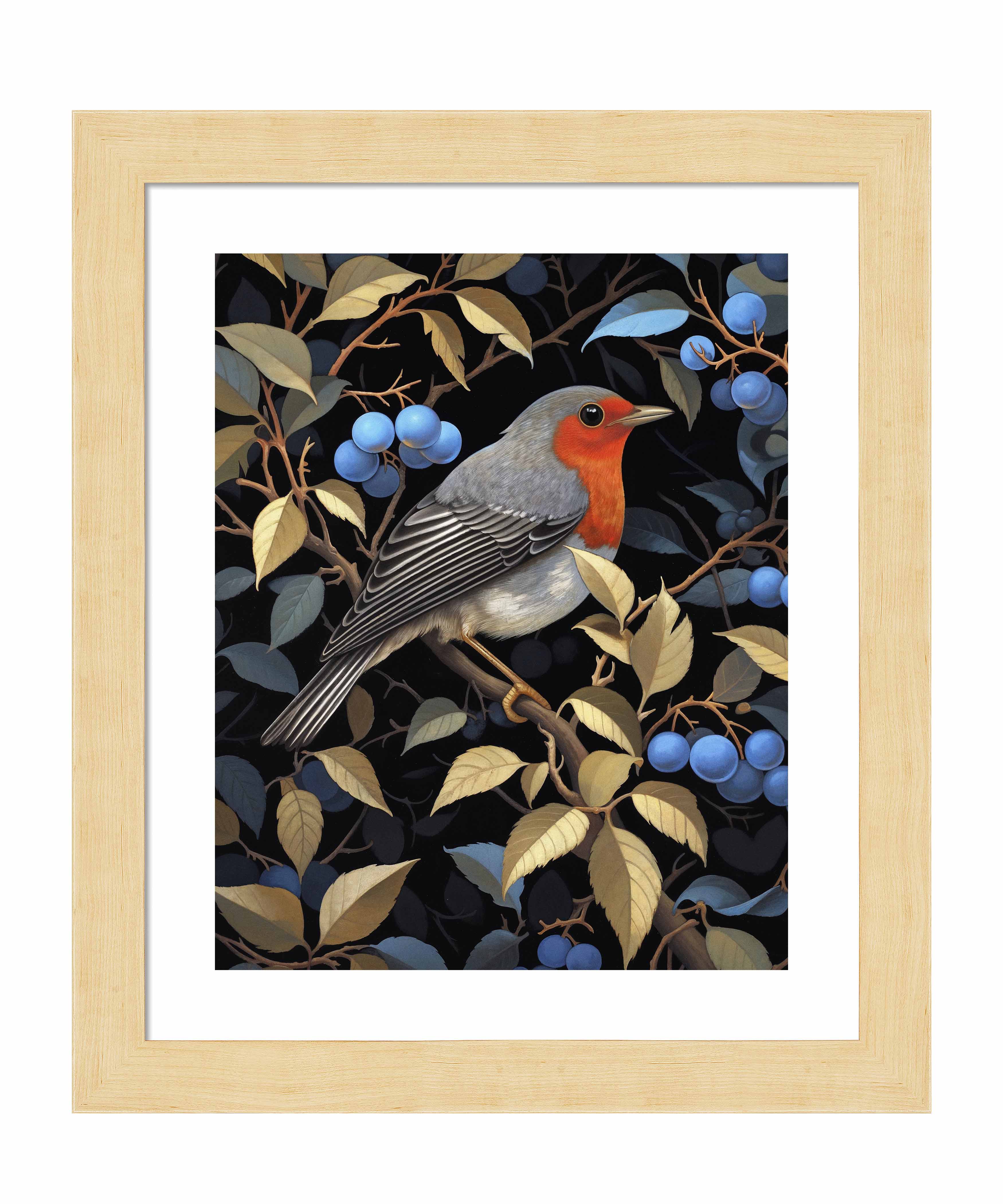 Crimson Song Robin Among Blueberries Wall Art Print - Beautiful Bird Painting for Home Decor, Living Room, Bedroom & Office