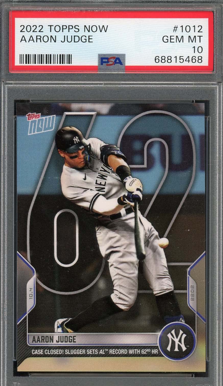 Aaron Judge 2022 Topps Now #1012 Baseball Card PSA 10 Gem Mint - 62 Home Run Record Season Collector's Item for Sports Memorabilia & Yankees Fans Display