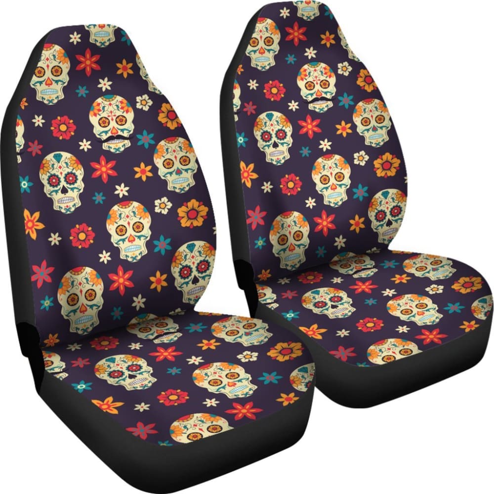 2 Pcs Day of The Dead Sugar Skull Car Seat Covers - Mexican Dia de Los Muertos Decor for Halloween, Party, Festival & Car Accessories - Fits Most Vehicles