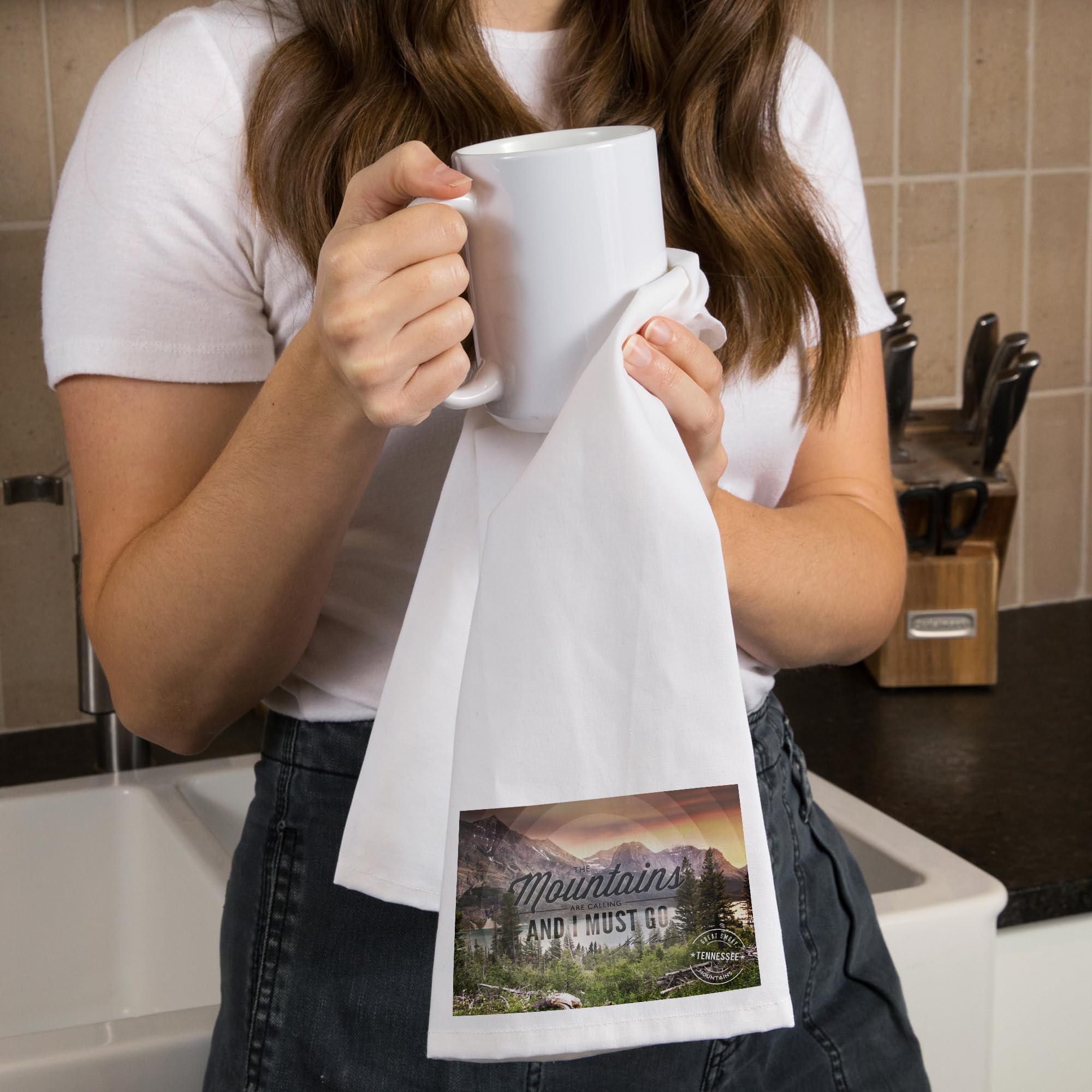 Lantern Press Great Smoky Mountains Cotton Tea Towel - The Mountains Are Calling - 100% Cotton Decorative Hand & Kitchen Towel for Home Decor, Dish Drying & Gift Giving