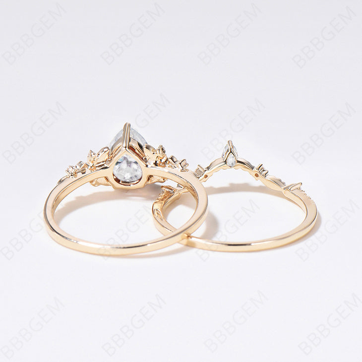 Vintage Pear Moissanite Engagement Ring for Women - Rose Gold Leaf Flower Nature Inspired Bridal Wedding Ring Set with Unique Cluster Diamond | Perfect for Proposals, Anniversaries, and Special Occasions