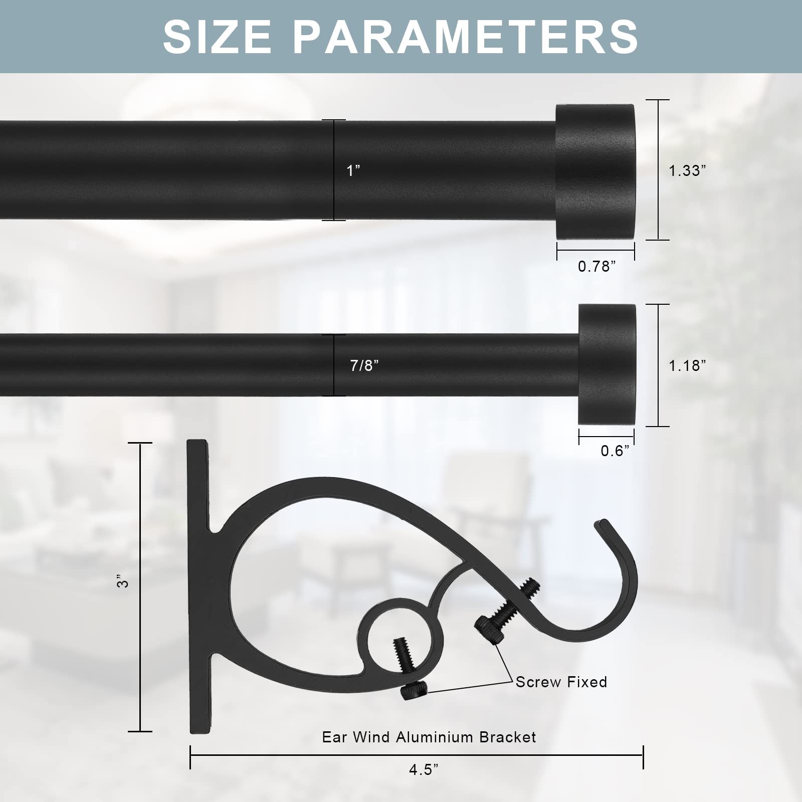 Matte Black Adjustable Double Curtain Rod 36-72 Inches (3-6 Feet) - 1