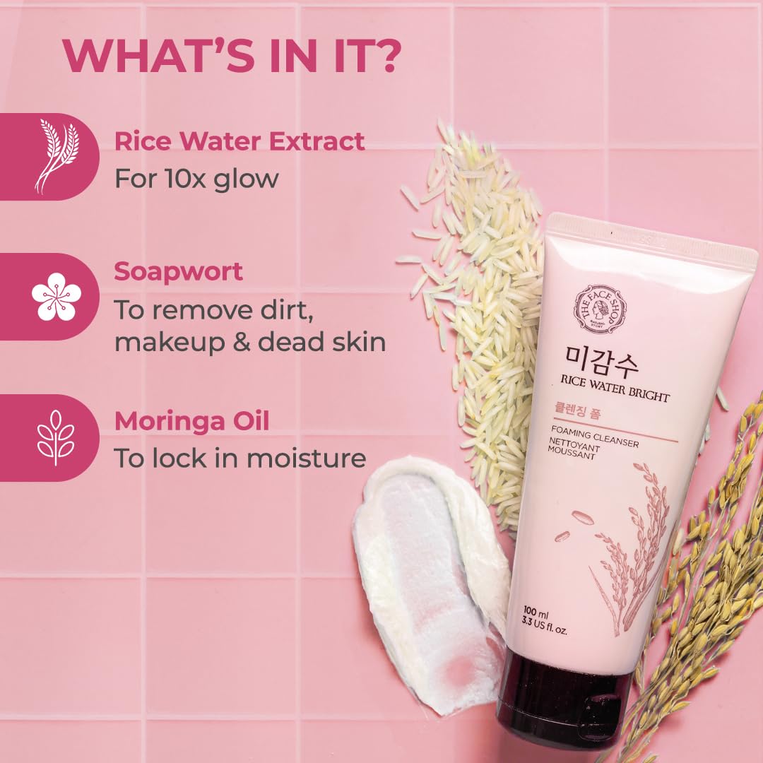 The Face Shop Rice Water Bright Foaming Face Wash 100ml - Korean Skincare for Oily Skin | Brightening Cleanser for Glowing Skin & Uneven Skin Tone | Gentle Daily Face Wash for Morning & Night Routine