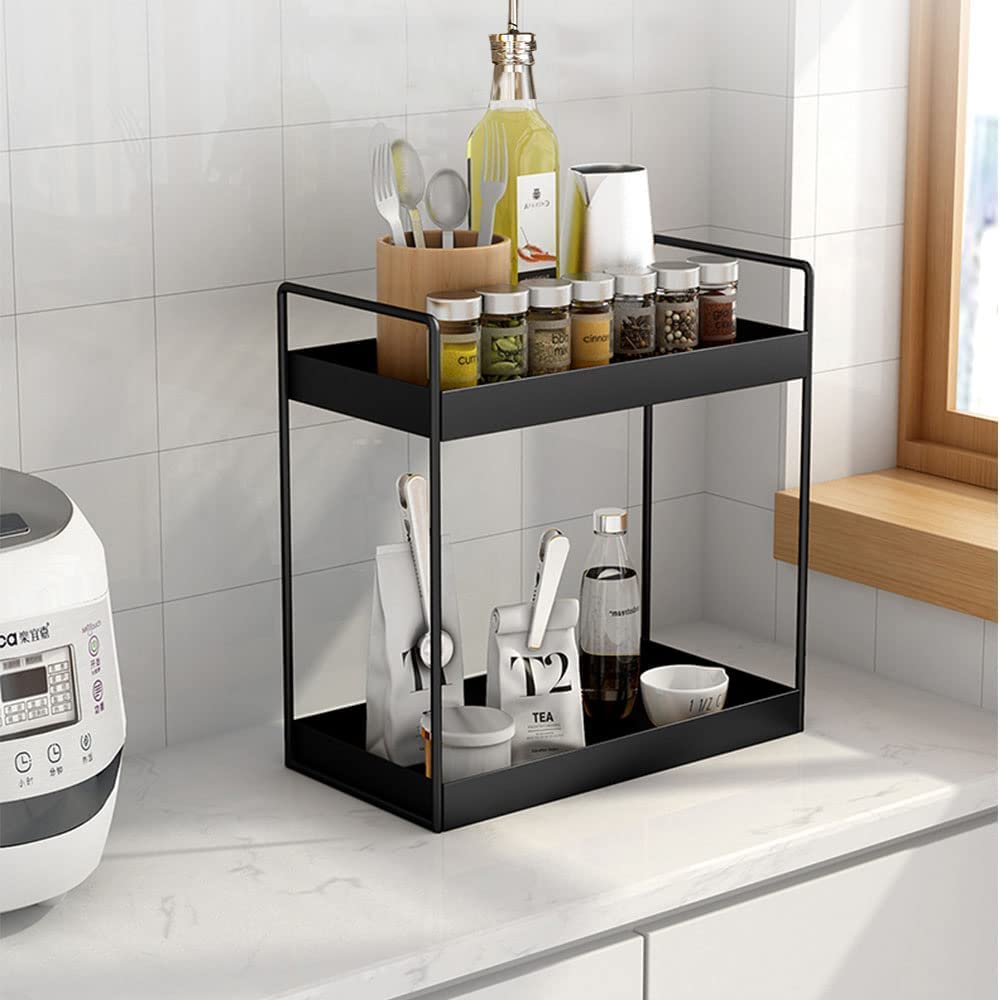 Namani 2-Tier Metal Standing Rack - Bathroom Countertop Organizer, Kitchen Spice Shelf, Dresser Storage Tray | Space-Saving Multi-Purpose Shelf for Cosmetics, Spices & Kitchen Essentials (Black) - Perfect for Small Spaces, Vanity Organization & Pantry Storage