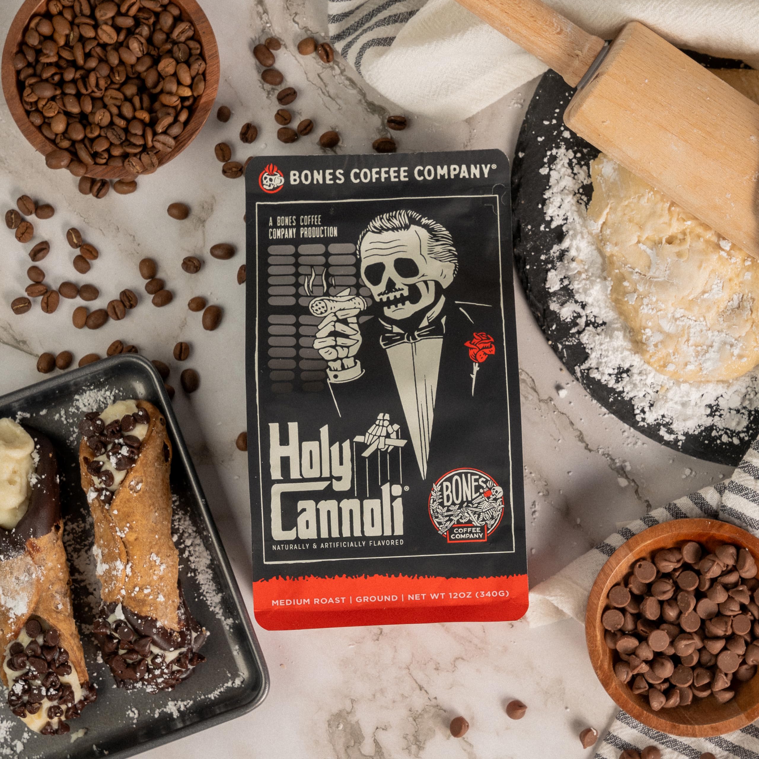 Bones Coffee Company Holy Cannoli Flavored Medium Roast Coffee Beans - Low Acid Ground Coffee with Authentic Cannoli Taste (12 oz) - Perfect for Breakfast, Dessert Pairing & Italian-Themed Gatherings