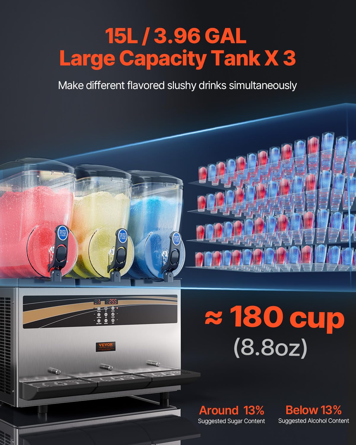 VEVOR Commercial Margarita Machine 15L x 3 Triple Tank Slushie Maker - Stainless Steel Frozen Drink Machine for Margaritas, Smoothies & Slushies (180 Cups Capacity) - Perfect for Home Parties, Restaurants, Cafes & Bars