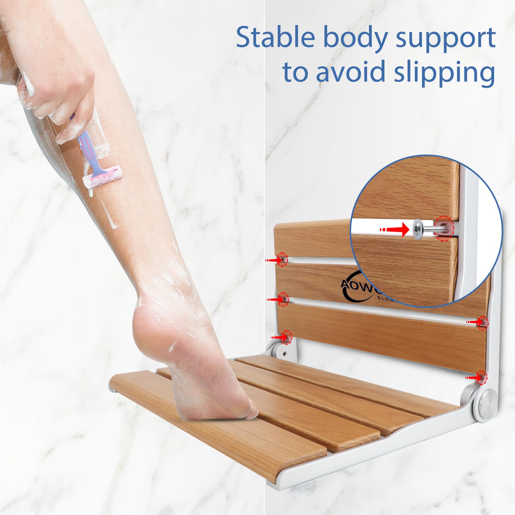 16IN Folding Teak Shower Seat Wall Mounted - 400LB Weight Capacity for Elderly, Disabled & Pregnant - Space Saving Bathroom Safety Seat for Showers & Bathtubs [2025 New Model]