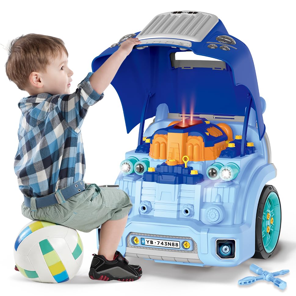 Interactive Truck Engine Toy with Removable Parts - Lights & Sounds STEM Learning Toy for Kids - Educational Pretend Play for Young Mechanics to Develop Creativity & Motor Skills - Perfect for Birthday Gifts & Indoor Playtime (Blue)