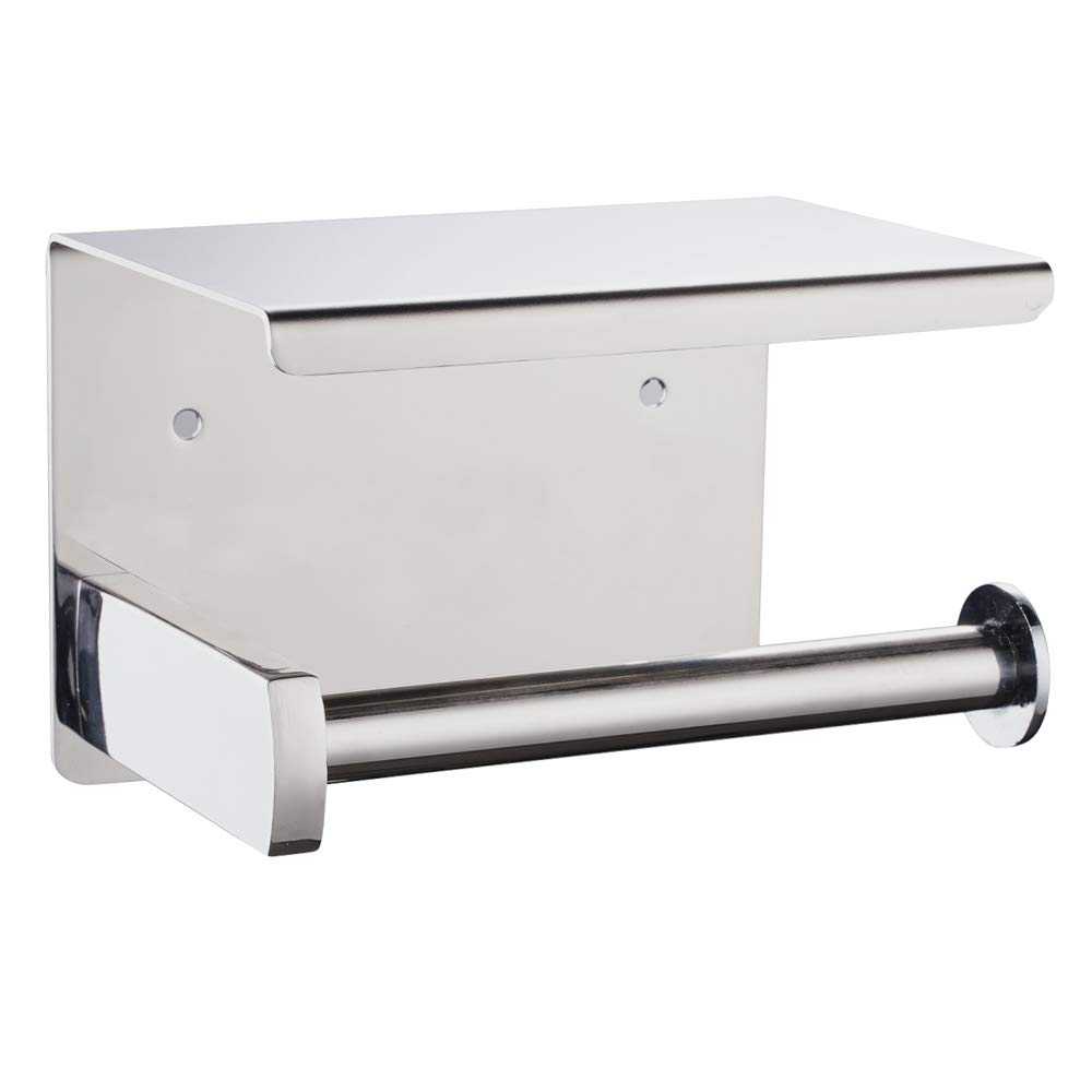 Stainless Steel Wall Mounted Toilet Paper Holder with Shelf - No Drill Adhesive or Screw Installation - Polished Chrome Bathroom Tissue Roll Dispenser - Perfect for Small Bathrooms, RVs, and Apartments