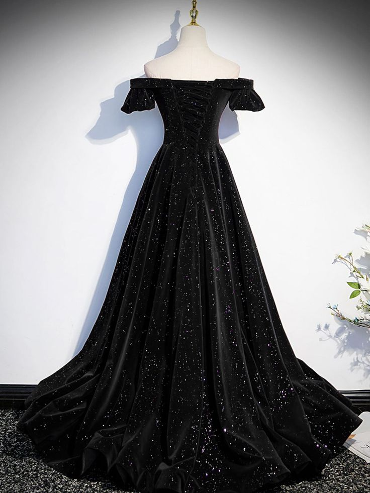 Black Sparkling Off Shoulder A-Line Velvet Long Prom Dress J4278 - Elegant Formal Gown for Homecoming, Evening Parties & Special Occasions