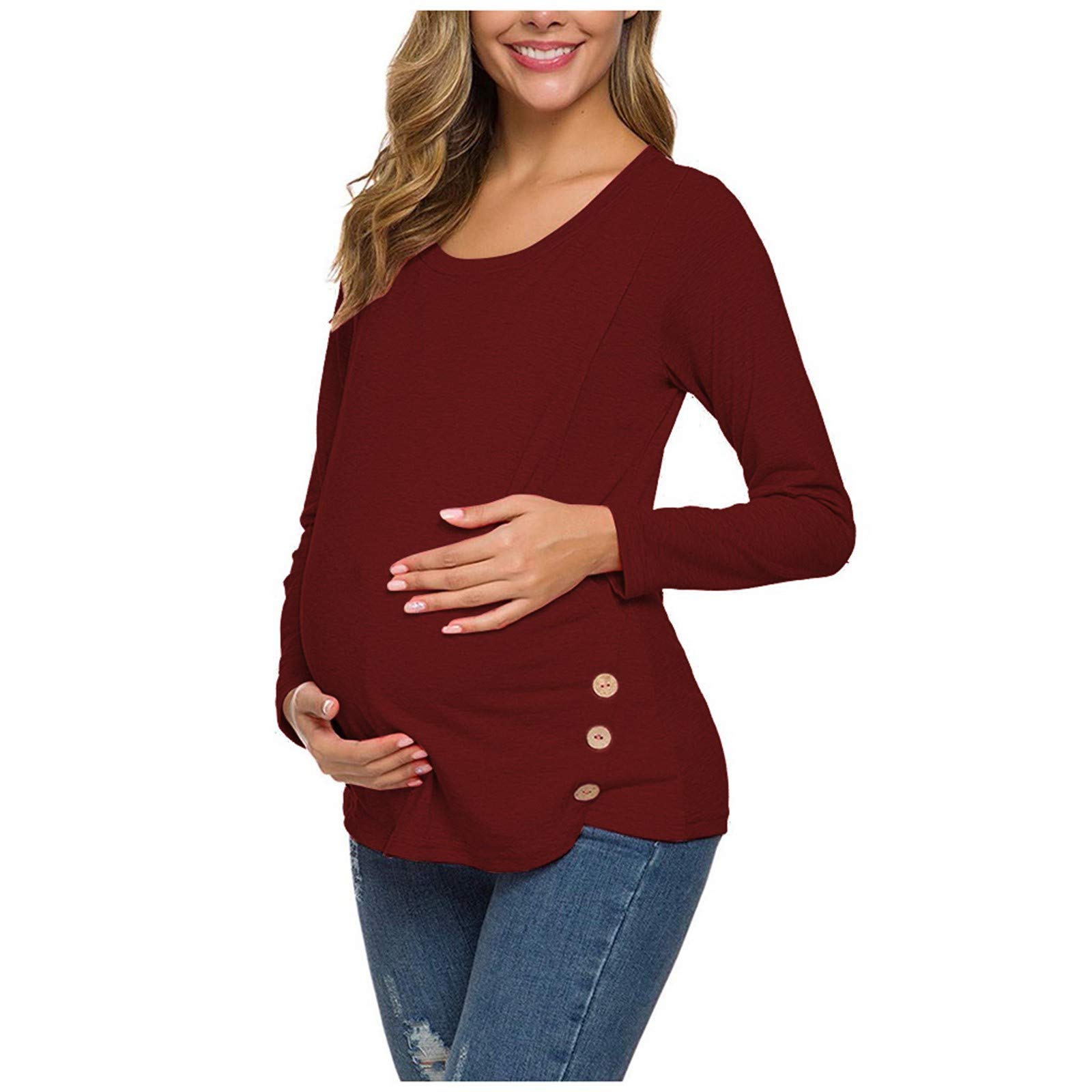 FORUU Women's Maternity Nursing Tops - Soft Long Sleeve Side Button Tunic Shirt for Breastfeeding & Pregnancy | Comfortable Maternity Clothes for Work, Casual Wear & Nursing at Home