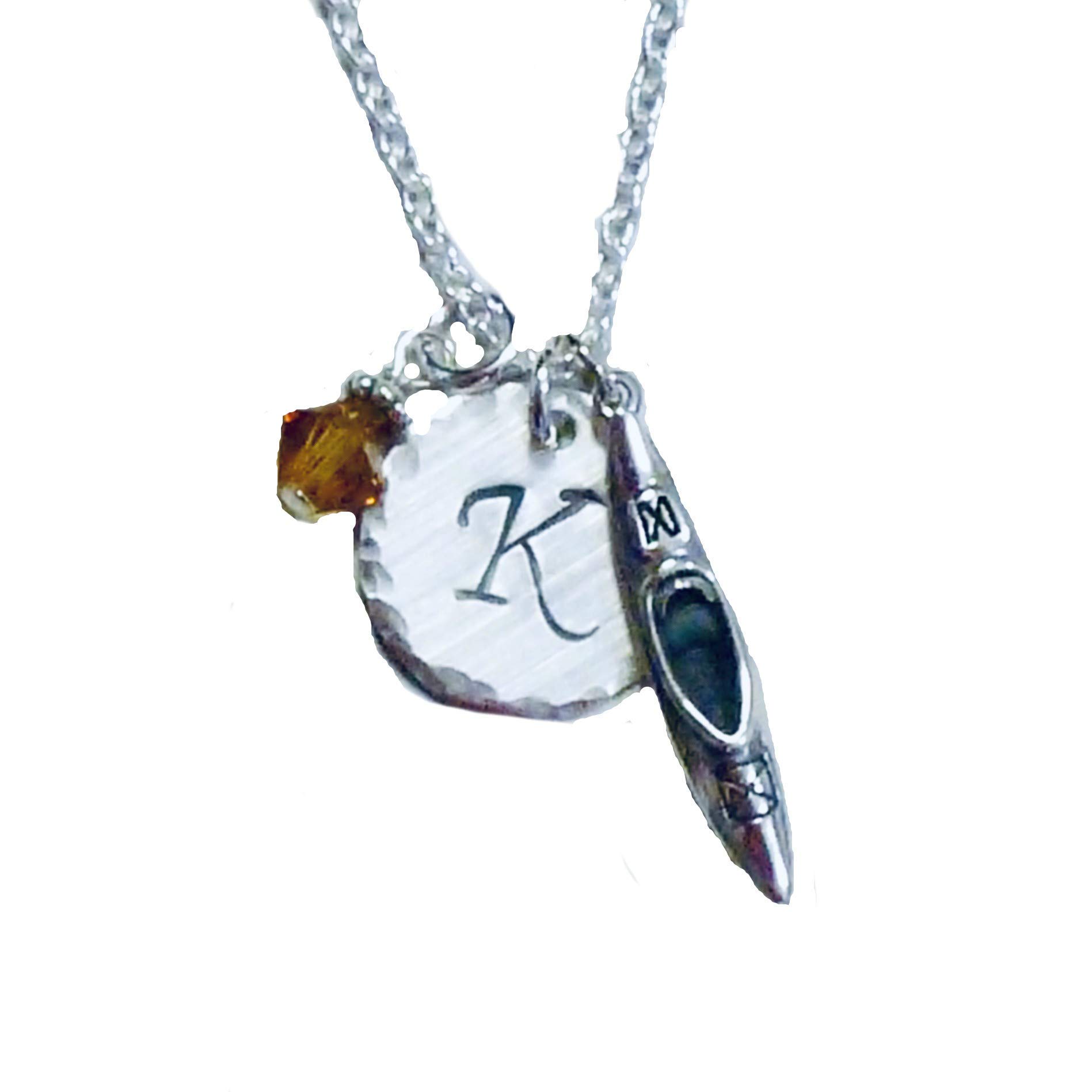 Personalized Kayak Hand Stamped Sterling Silver Initial Charm Necklace - Custom Name Pendant Jewelry for Women - Perfect Gift for Kayaking Enthusiasts & Outdoor Lovers