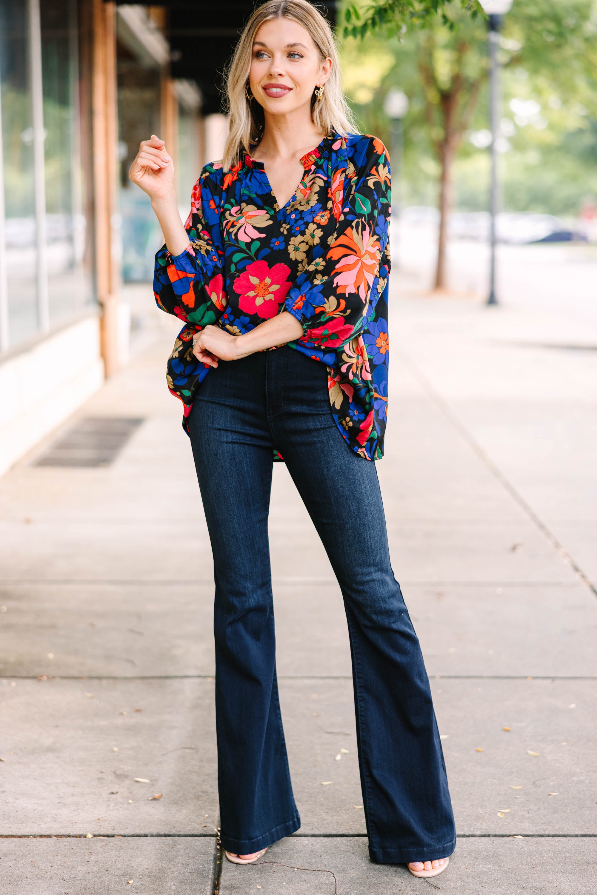 Elegant Black Floral Blouse for Women - Romantic Flowy Top with All-Over Floral Print - Perfect for Date Night, Office Wear & Special Occasions