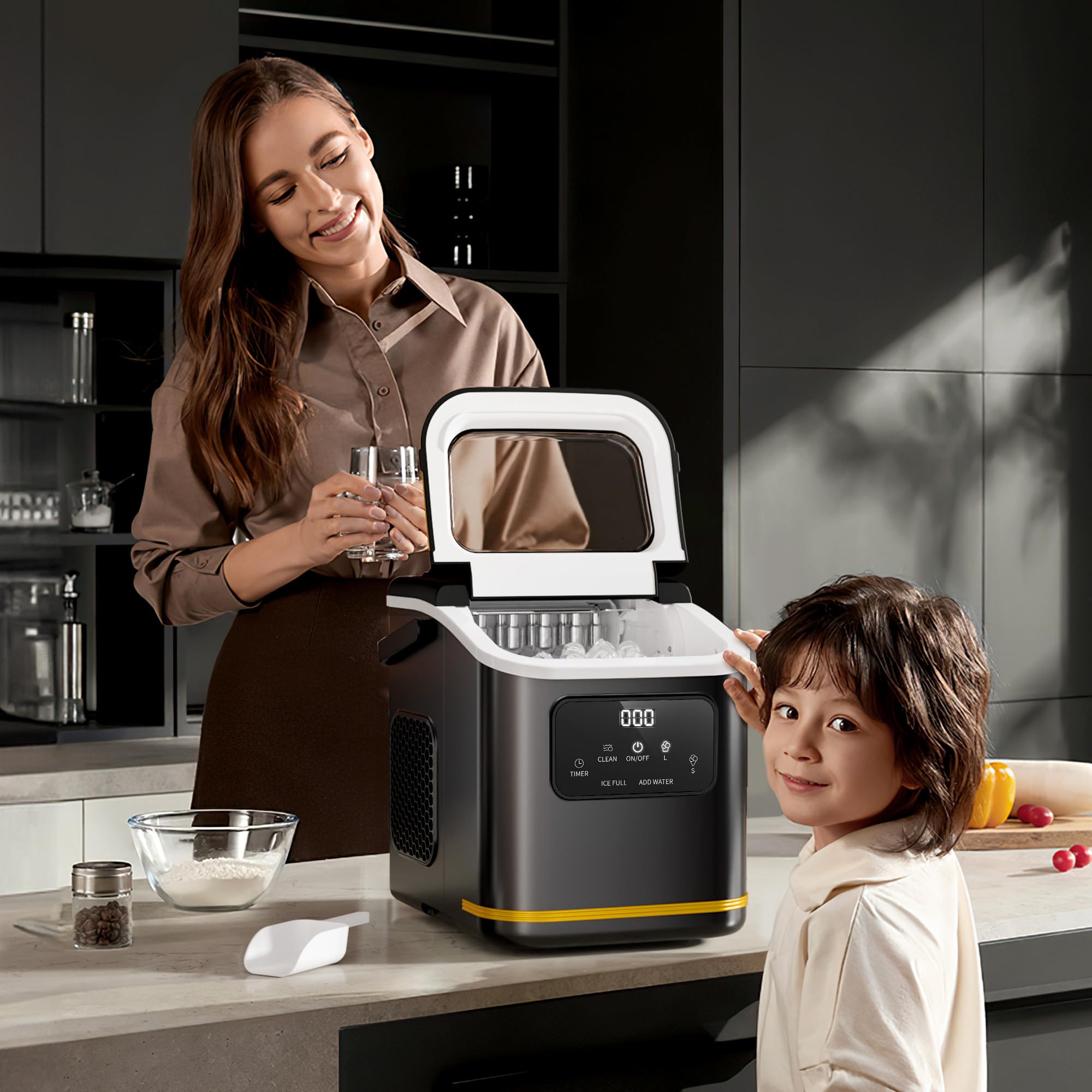Kismile 28lbs/24Hrs Portable Countertop Ice Maker with LED Screen & Self-Cleaning - Compact Ice Machine for Home, Kitchen, RV, Office & Outdoor Use (Black)
