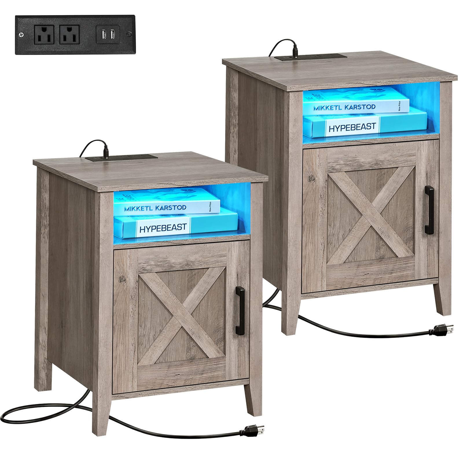 Modern Farmhouse Nightstand Set of 2 with LED Lights & USB Charging Station - Rustic Barn Door Design with Storage Shelf - Bedside Table for Bedroom, Living Room, Dorm (Greige) - Perfect for Small Spaces & Apartment Decor