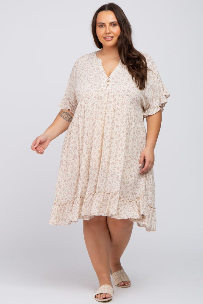 Beige Floral Maternity Dress with Short Sleeves & Ruffle Hem - Plus Size Pregnancy Outfit for Baby Shower, Photo Shoot & Casual Wear