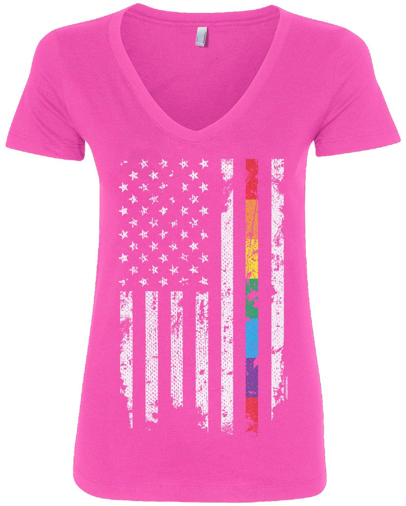 Threadrock Women's Gay Pride Rainbow American Flag V-Neck T-Shirt - LGBTQ+ Pride Month, Equality March & Festival Fashion Top for Lesbian Bisexual Transgender Allies